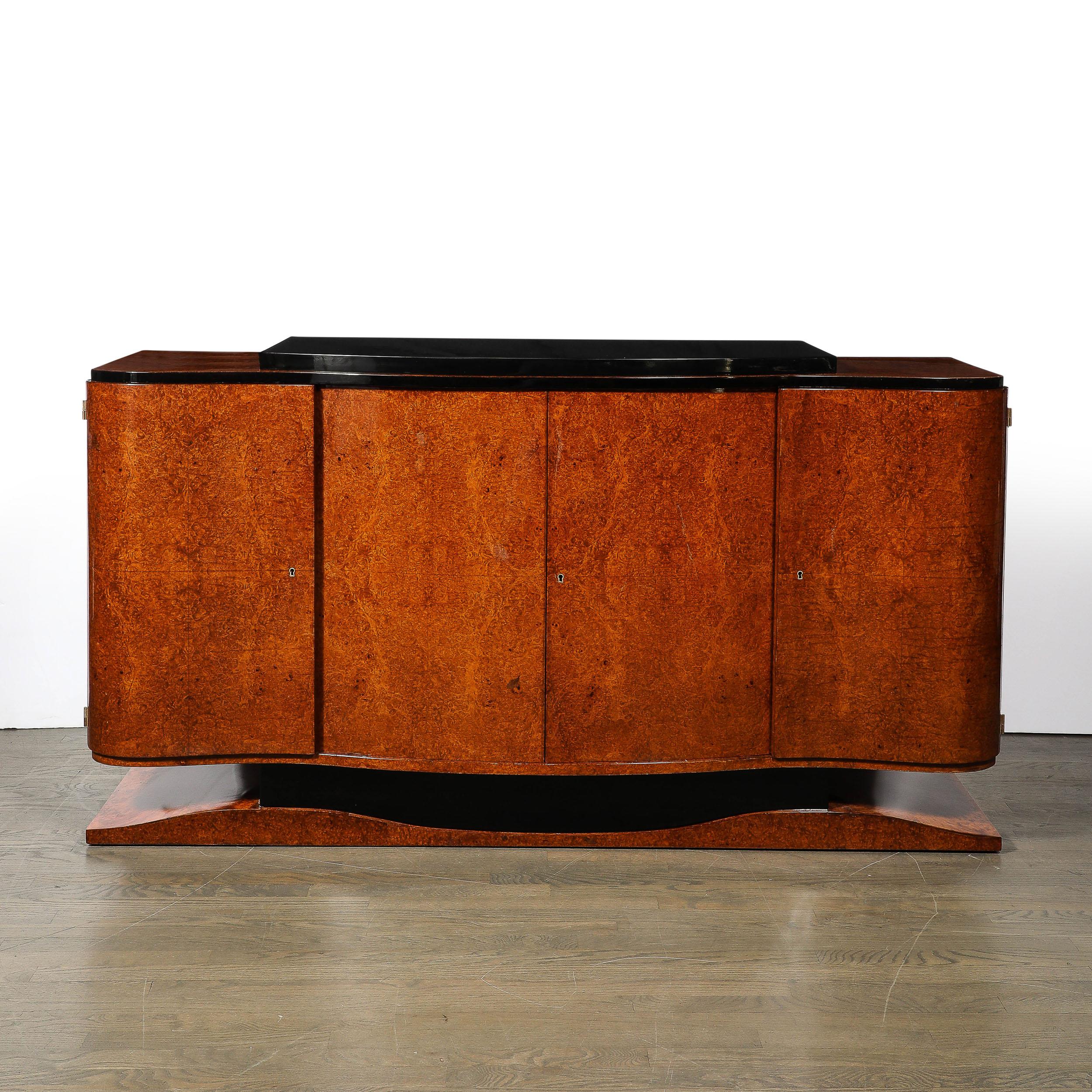 French Art Deco Sideboard in Burled & Bookmatched Amboyna Wood w/ Black Lacquer Detail For Sale