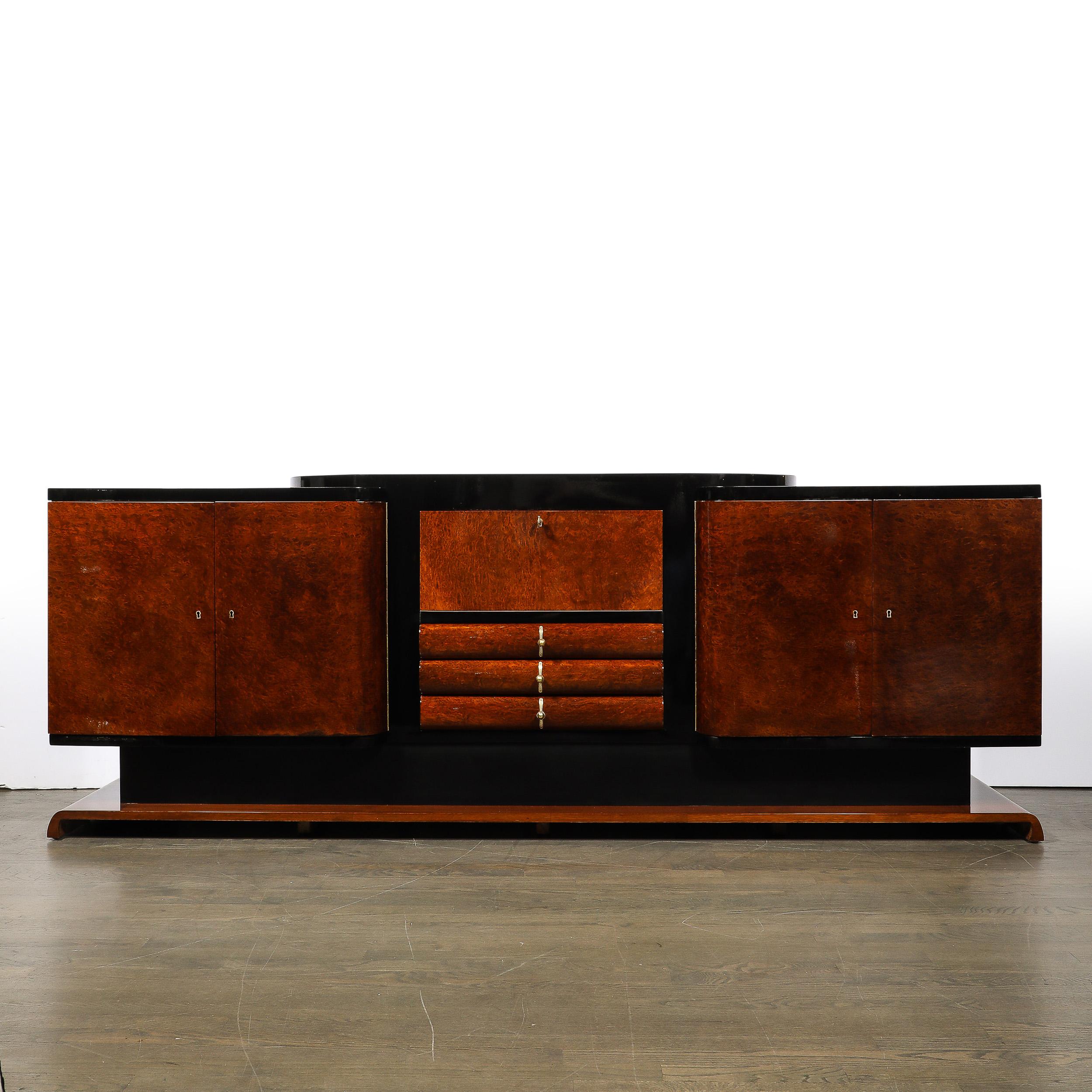 French Art Deco Sideboard in Bookmatched & Burled Amboyna Wood, Mahogany & Walnut Base For Sale
