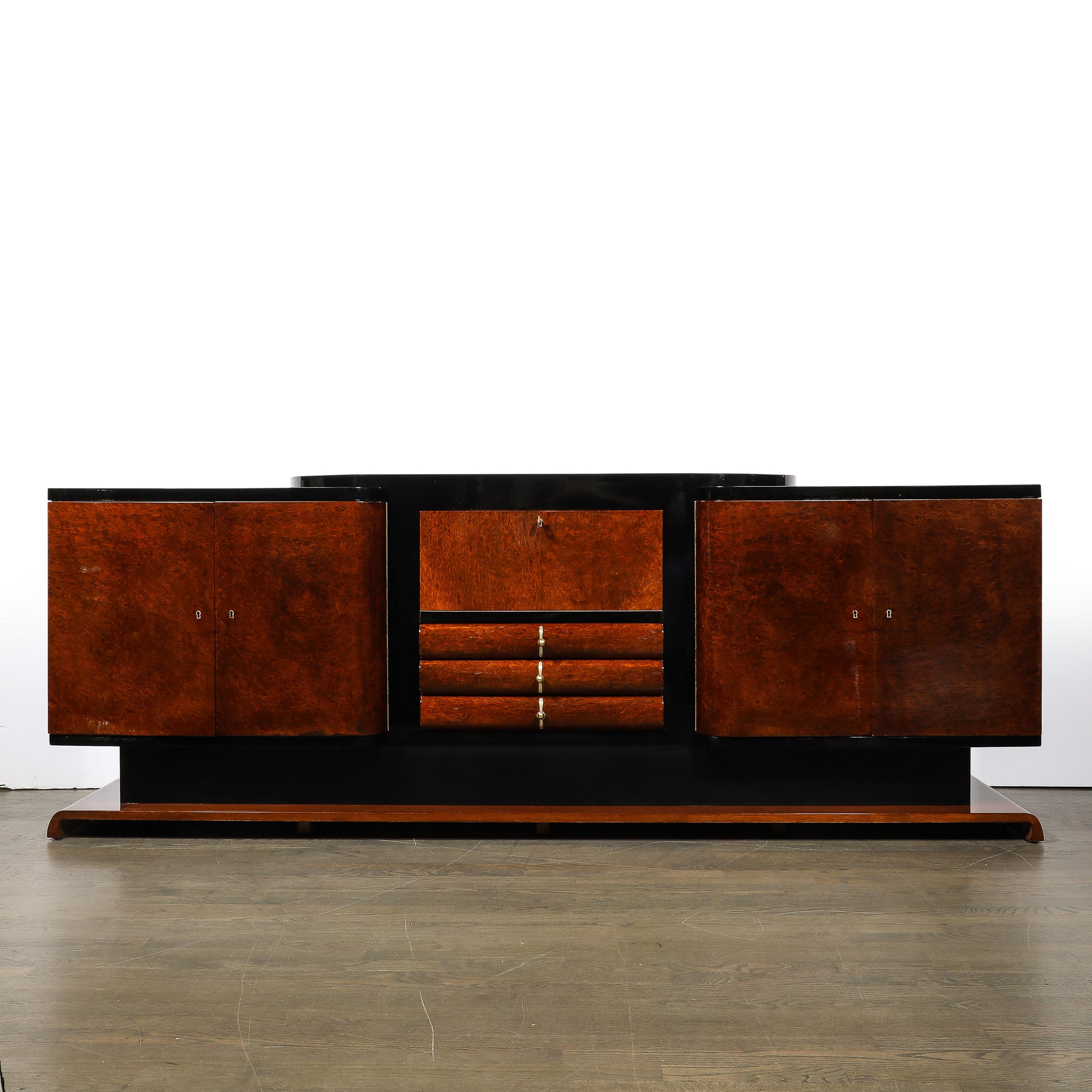 French Art Deco Sideboard in Bookmatched & Burled Amboyna Wood, Mahogany & Walnut Base