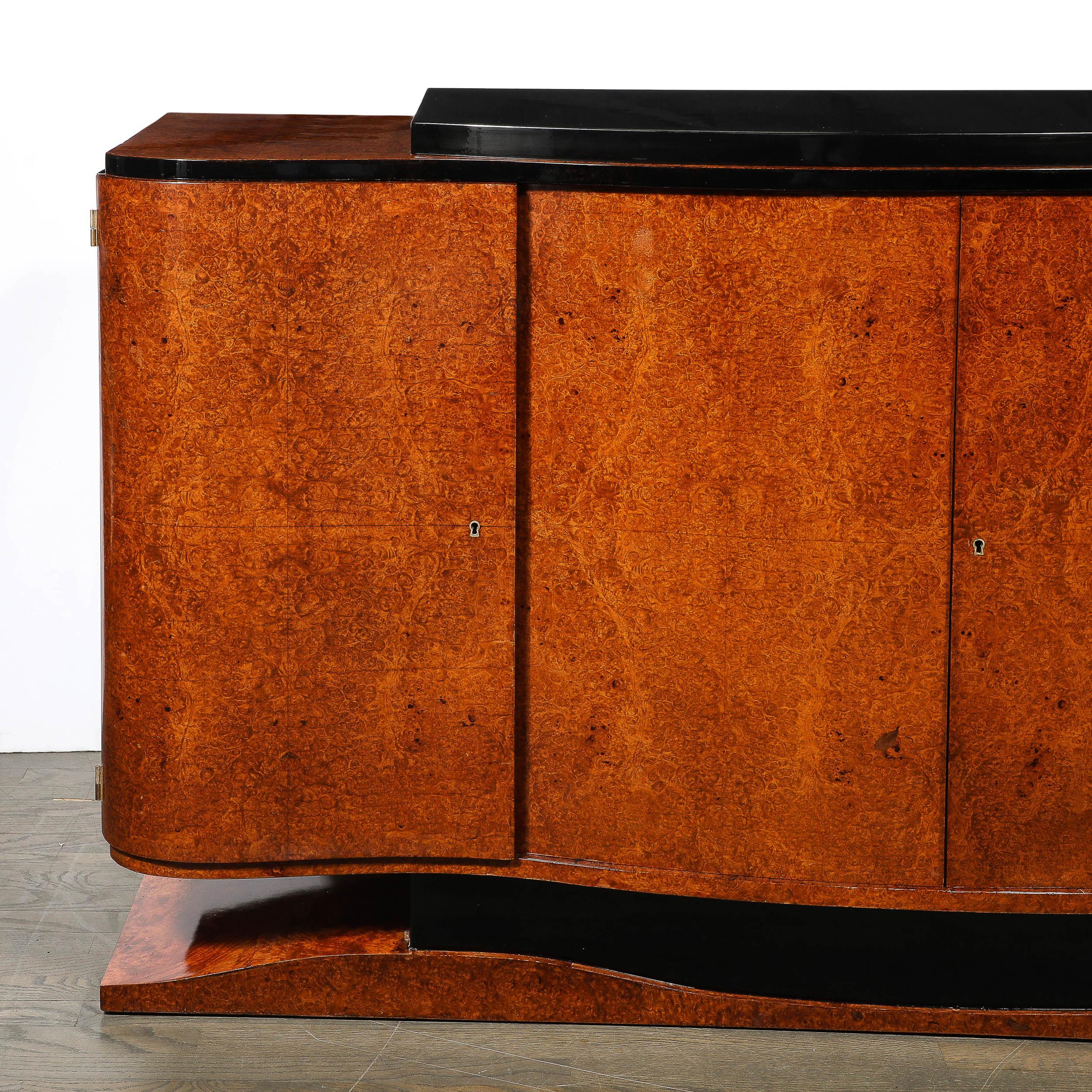 Art Deco Sideboard in Burled & Bookmatched Amboyna Wood w/ Black Lacquer Detail In Excellent Condition For Sale In New York, NY