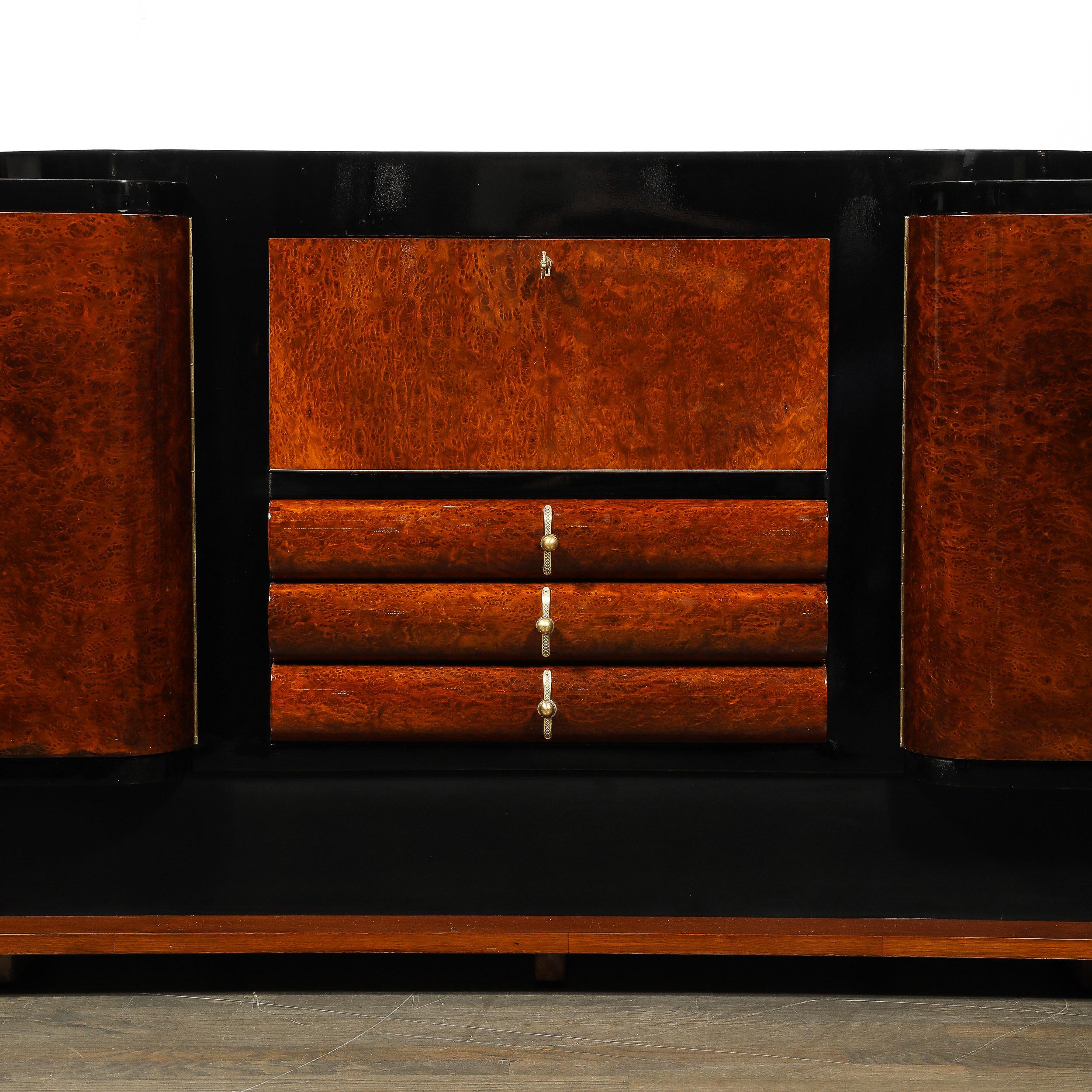 Art Deco Sideboard in Bookmatched & Burled Amboyna Wood, Mahogany & Walnut Base In Excellent Condition For Sale In New York, NY