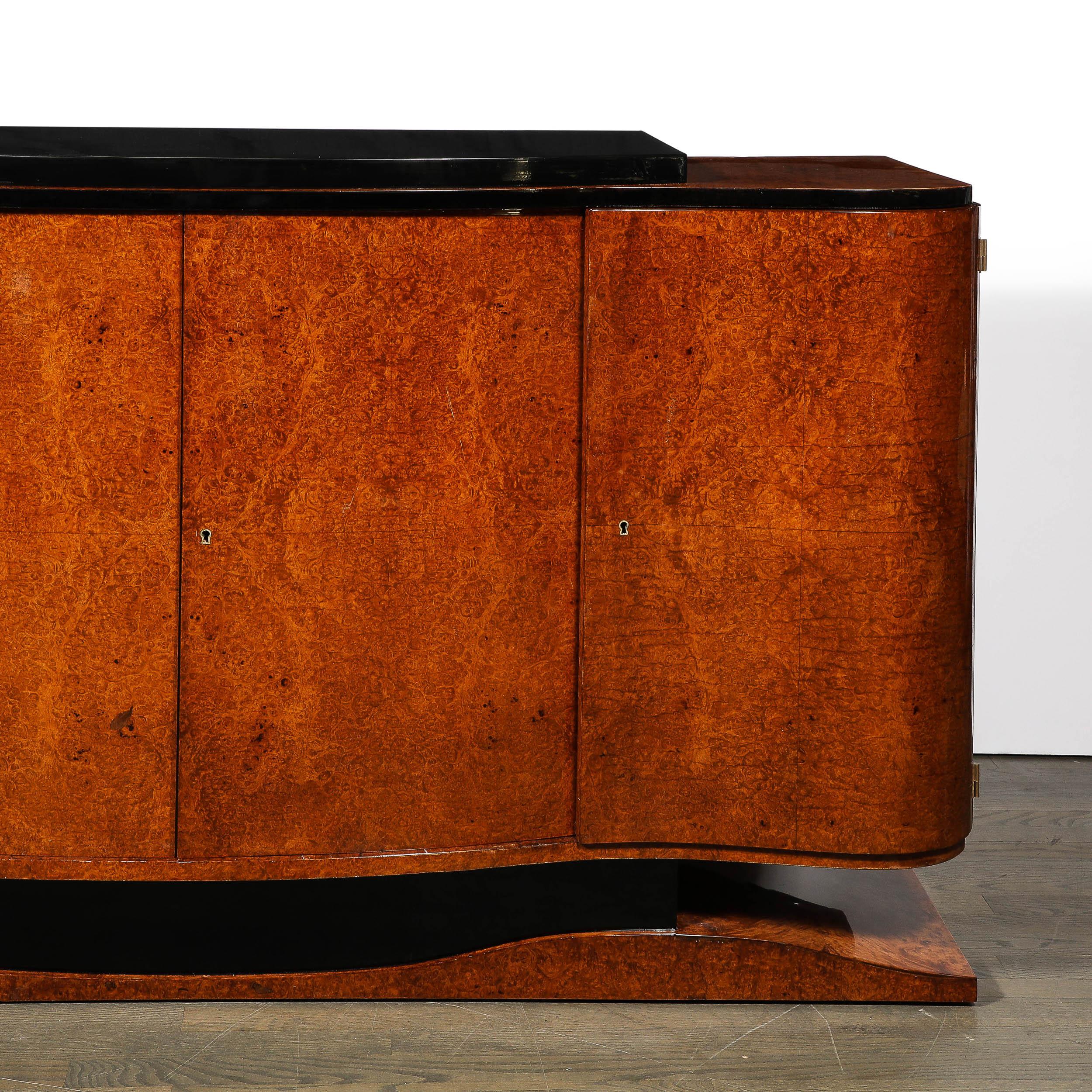 Mid-20th Century Art Deco Sideboard in Burled & Bookmatched Amboyna Wood w/ Black Lacquer Detail For Sale