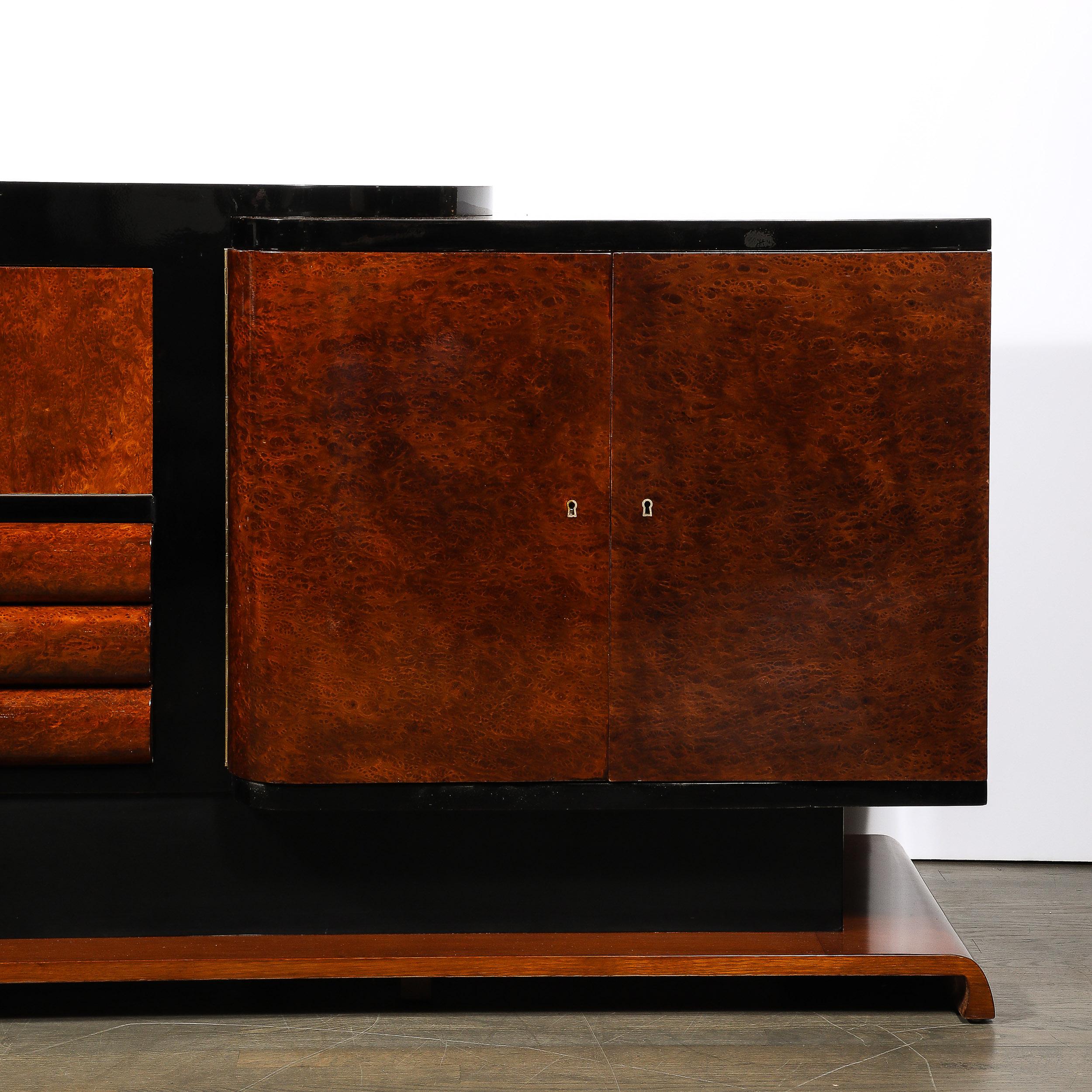 Mid-20th Century Art Deco Sideboard in Bookmatched & Burled Amboyna Wood, Mahogany & Walnut Base For Sale