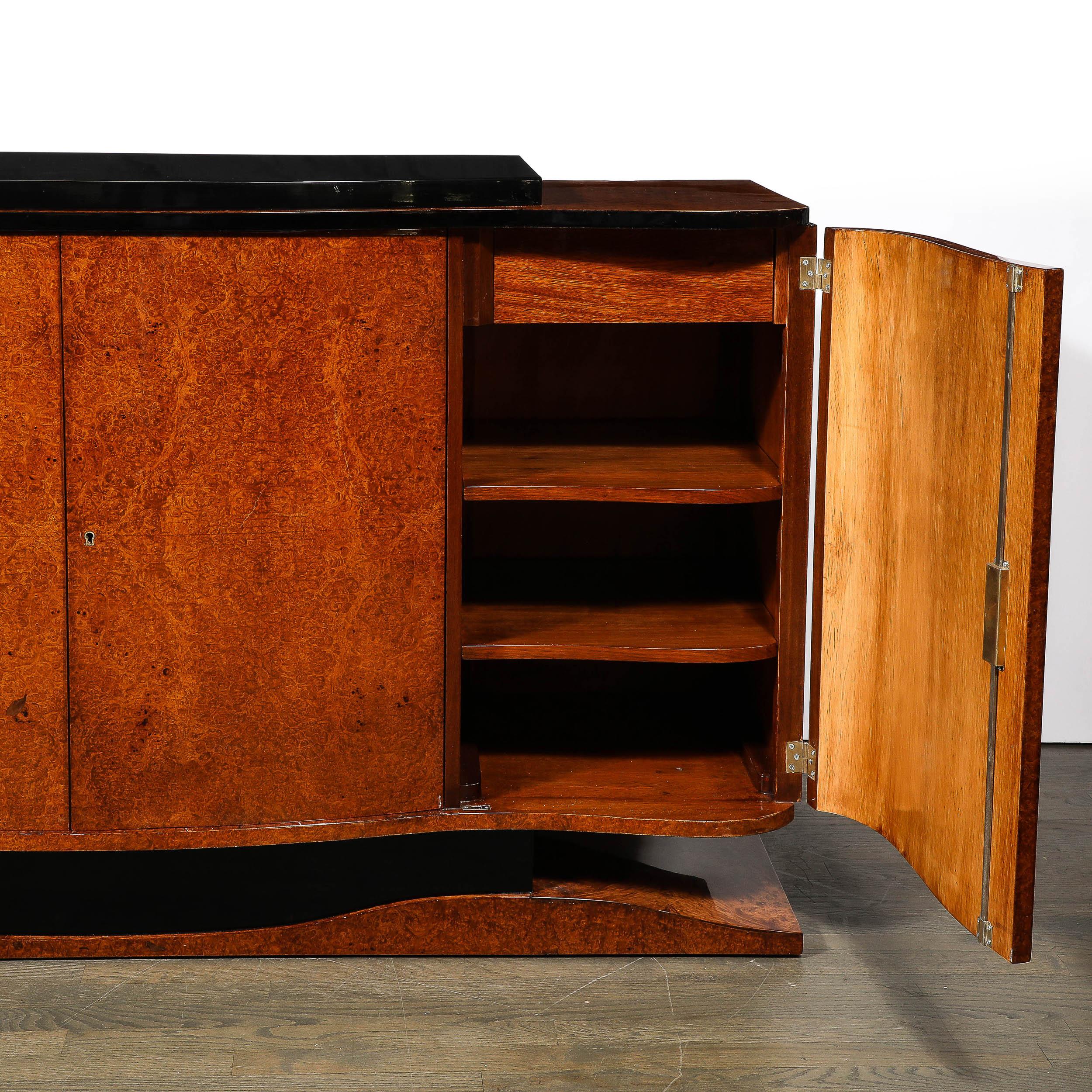 Brass Art Deco Sideboard in Burled & Bookmatched Amboyna Wood w/ Black Lacquer Detail For Sale