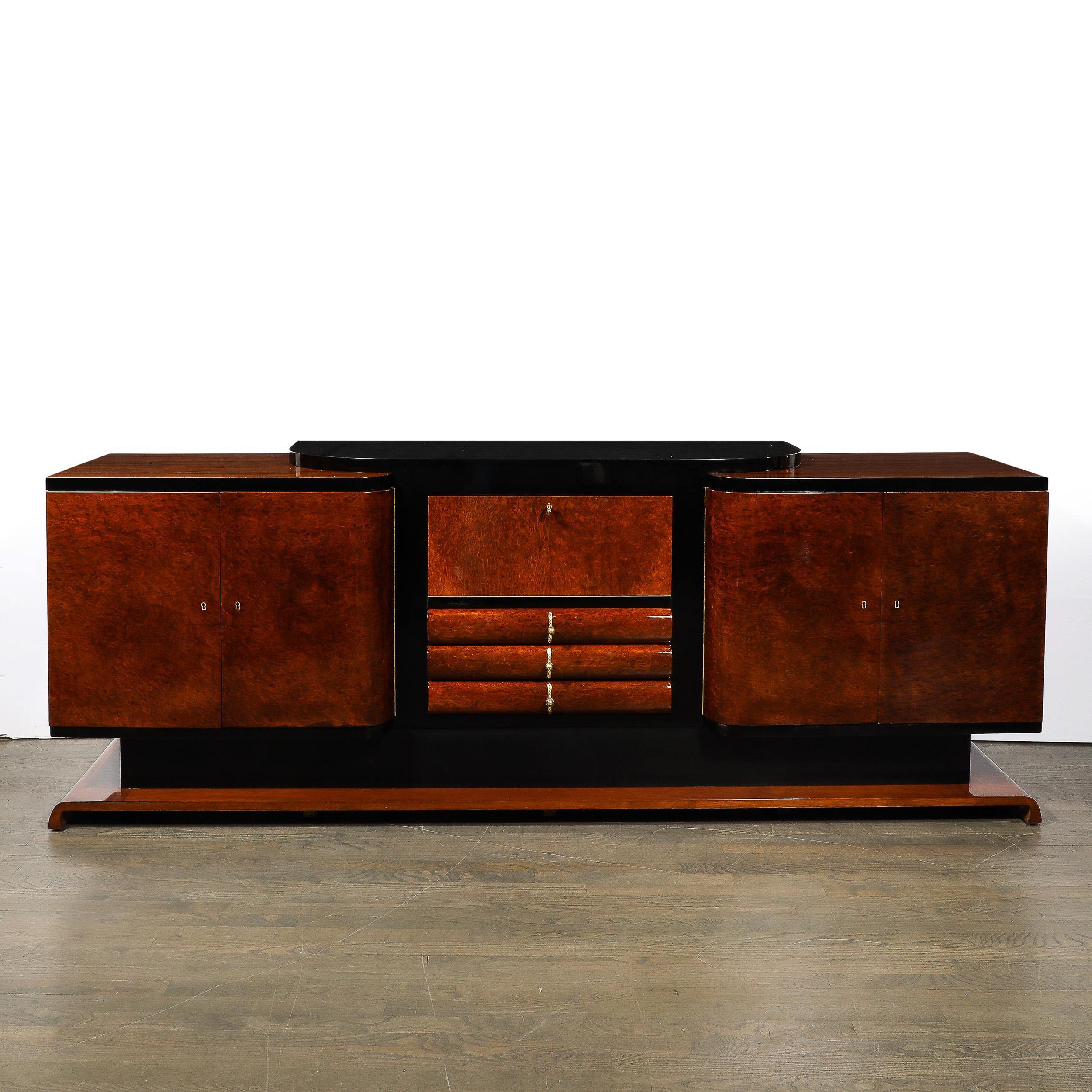 Brass Art Deco Sideboard in Bookmatched & Burled Amboyna Wood, Mahogany & Walnut Base For Sale