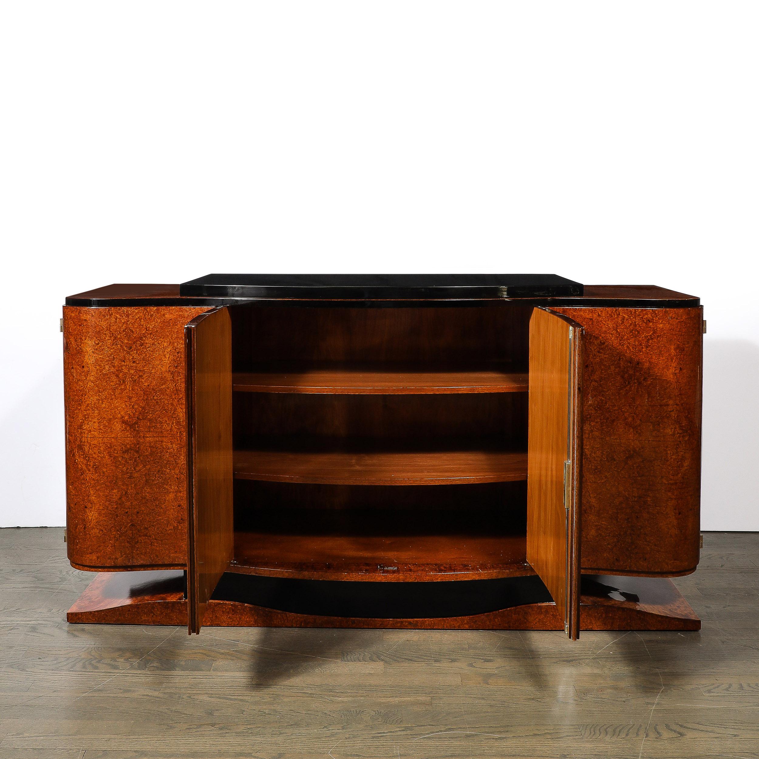 Art Deco Sideboard in Burled & Bookmatched Amboyna Wood w/ Black Lacquer Detail For Sale 1