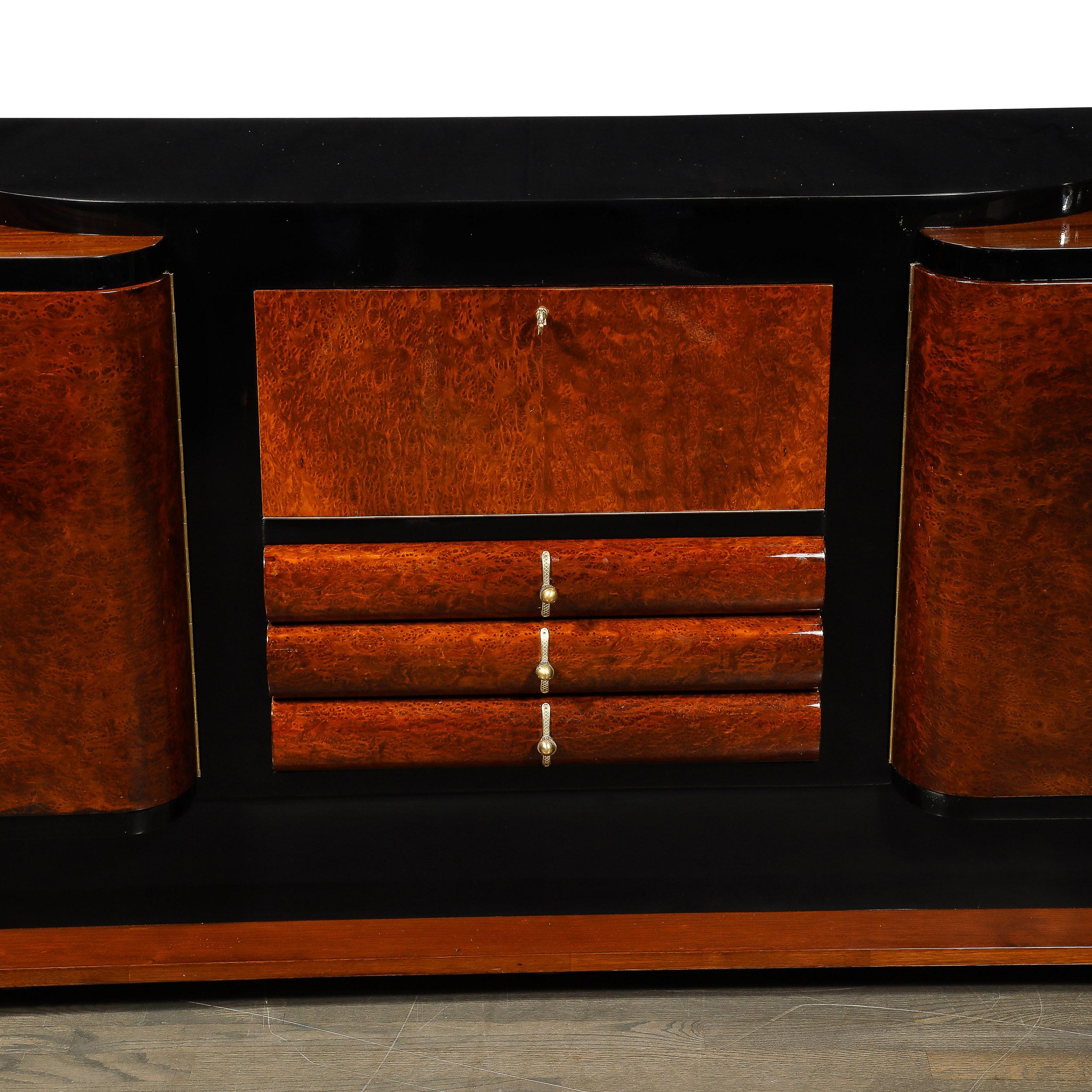 Art Deco Sideboard in Bookmatched & Burled Amboyna Wood, Mahogany & Walnut Base For Sale 1