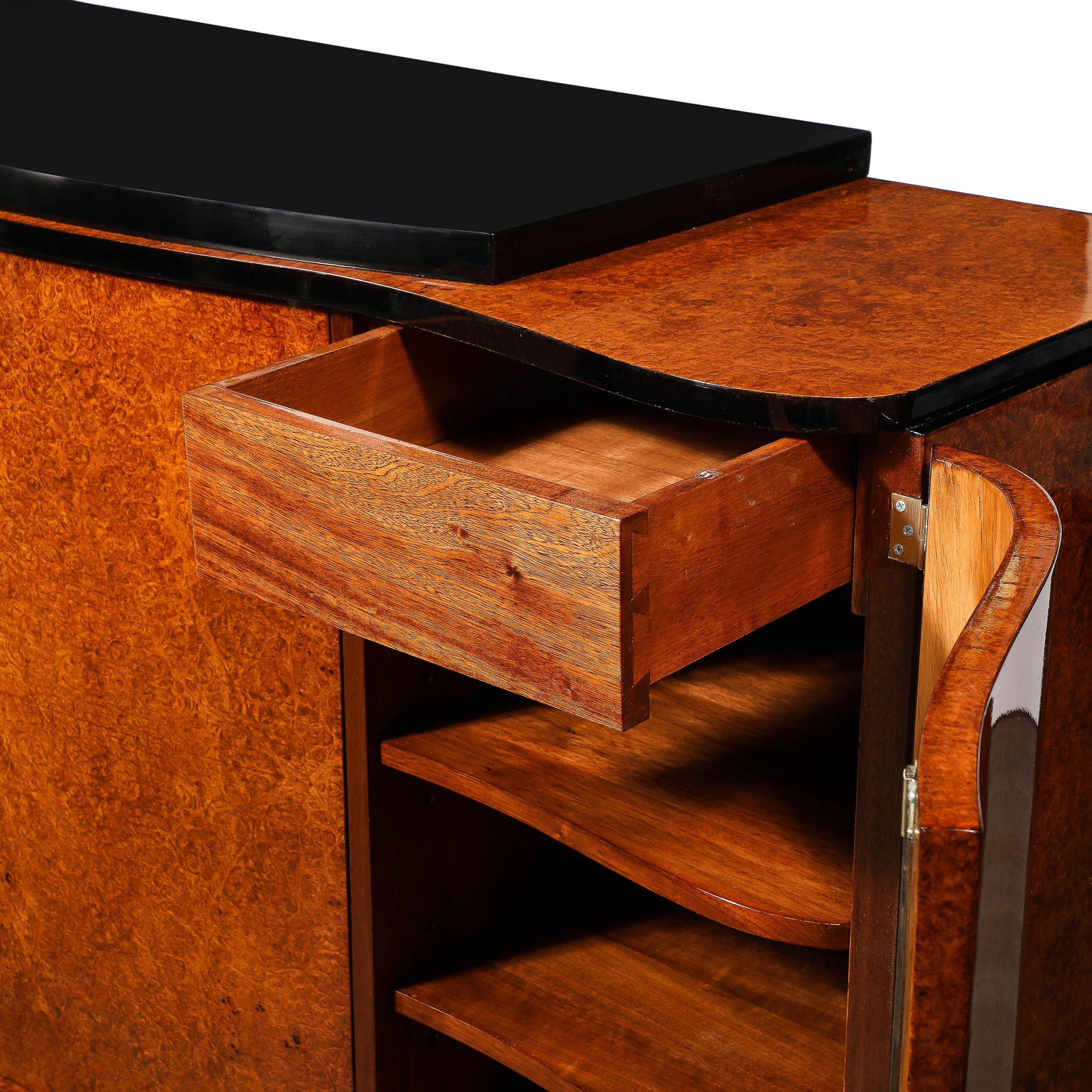 Art Deco Sideboard in Burled & Bookmatched Amboyna Wood w/ Black Lacquer Detail For Sale 2