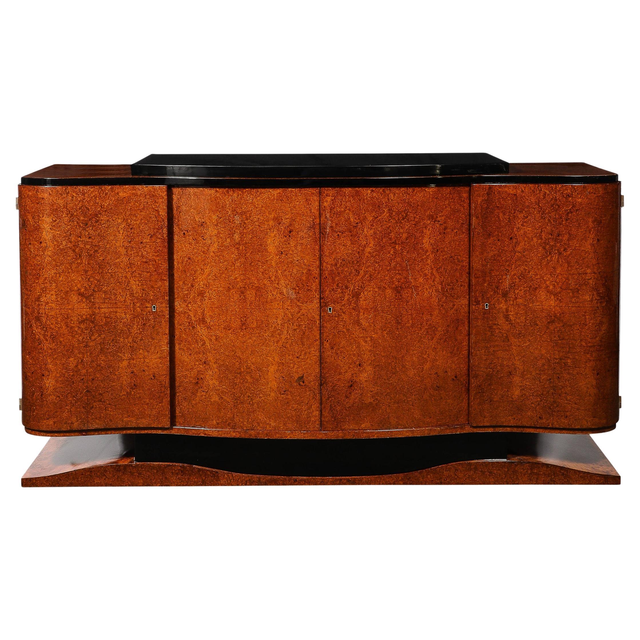 Art Deco Sideboard in Burled & Bookmatched Amboyna Wood w/ Black Lacquer Detail For Sale