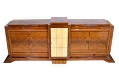 Art Deco Sideboard in Bright Wood with Parchemin Covered Doors in the Middle