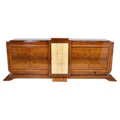 Art Deco Sideboard in Bright Wood with Parchemin Covered Doors in the Middle