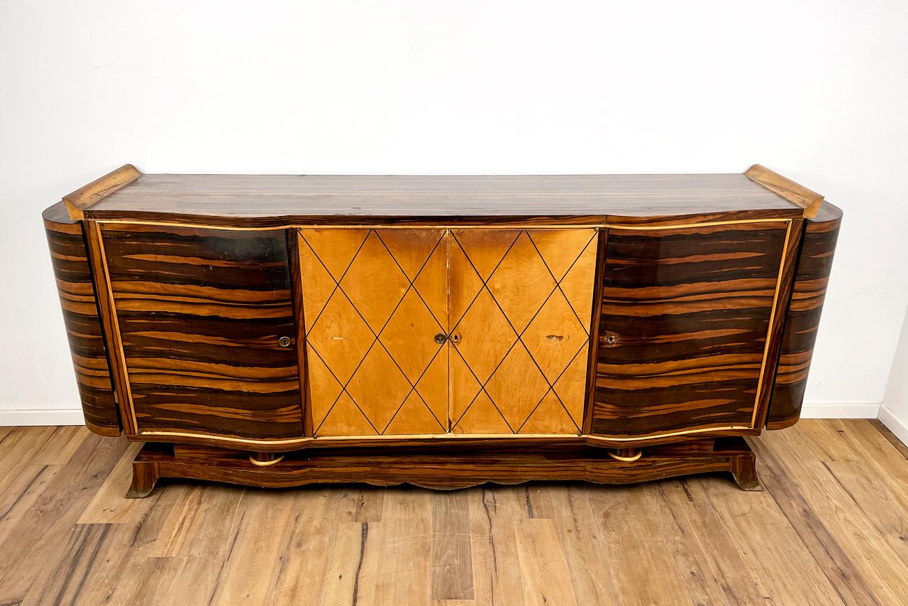 French Art Deco Sideboard in Macassar with Bar Cases on the Sides For Sale