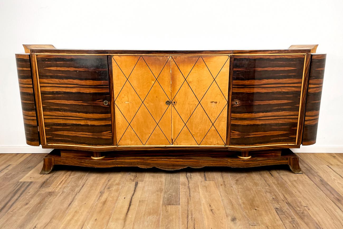 Carved Art Deco Sideboard in Macassar with Bar Cases on the Sides For Sale