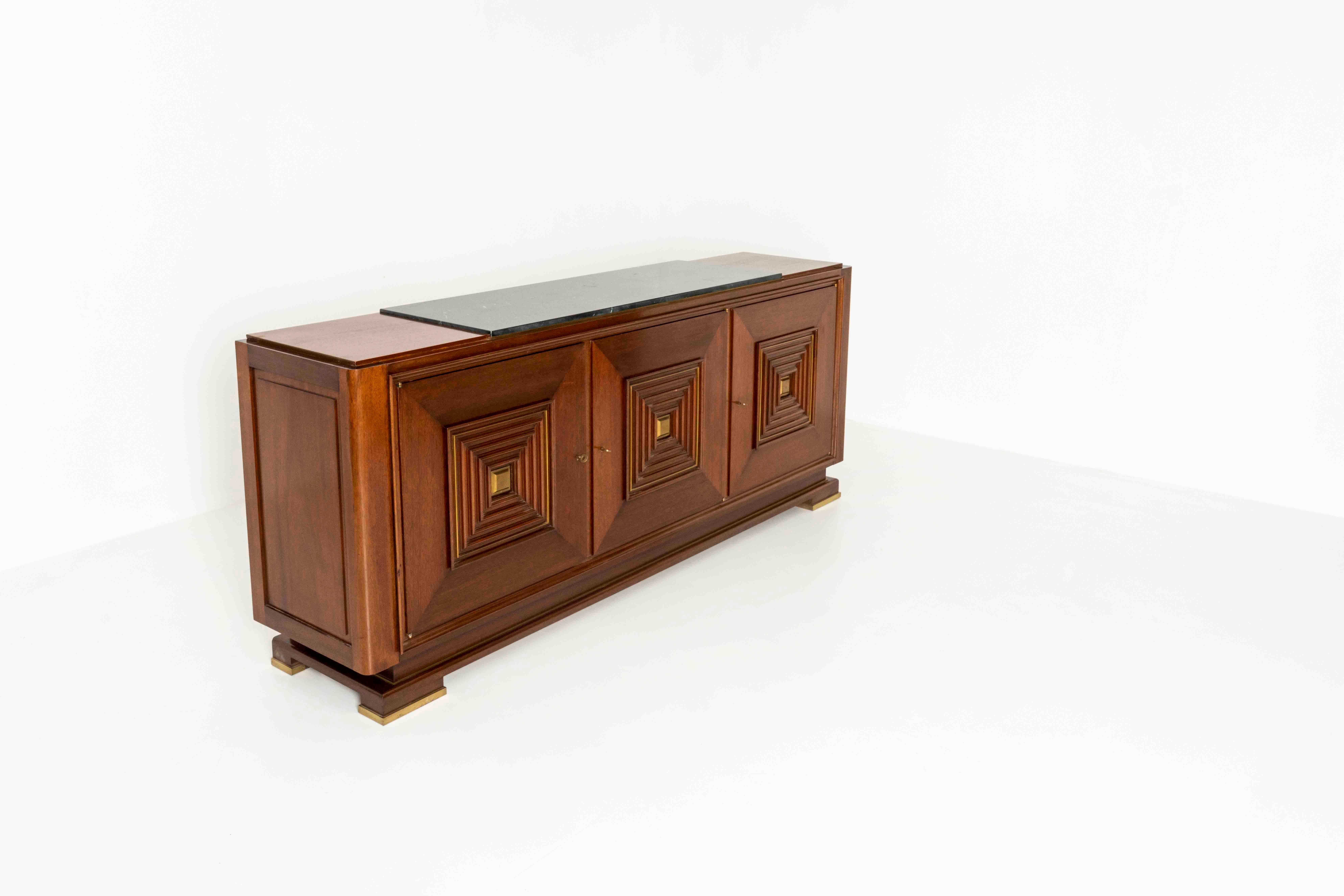 Mid-20th Century Art Deco Sideboard in Mahogany, Brass and Marble in Style of Maxime Old, 1940s