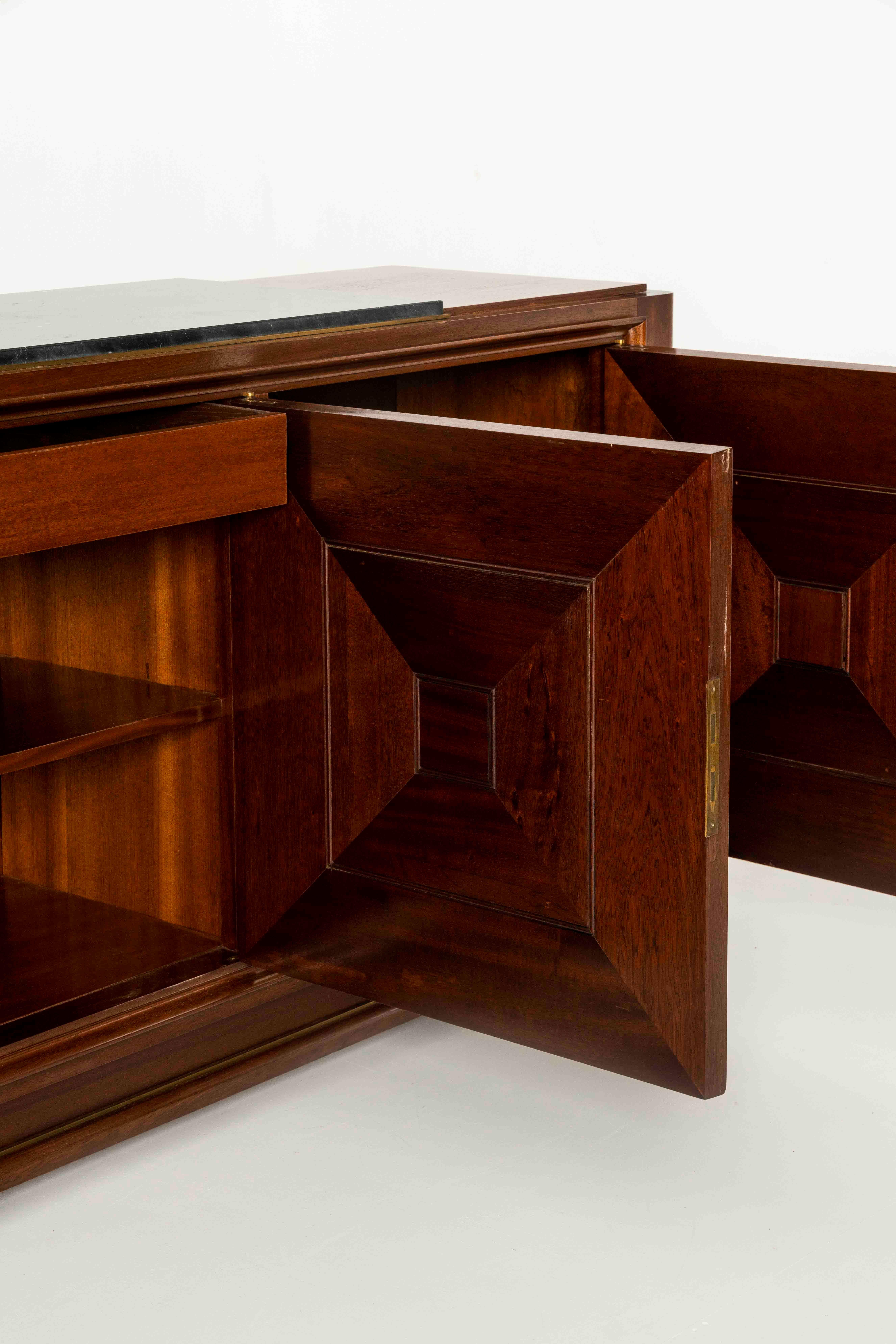 Art Deco Sideboard in Mahogany, Brass and Marble in Style of Maxime Old, 1940s 1