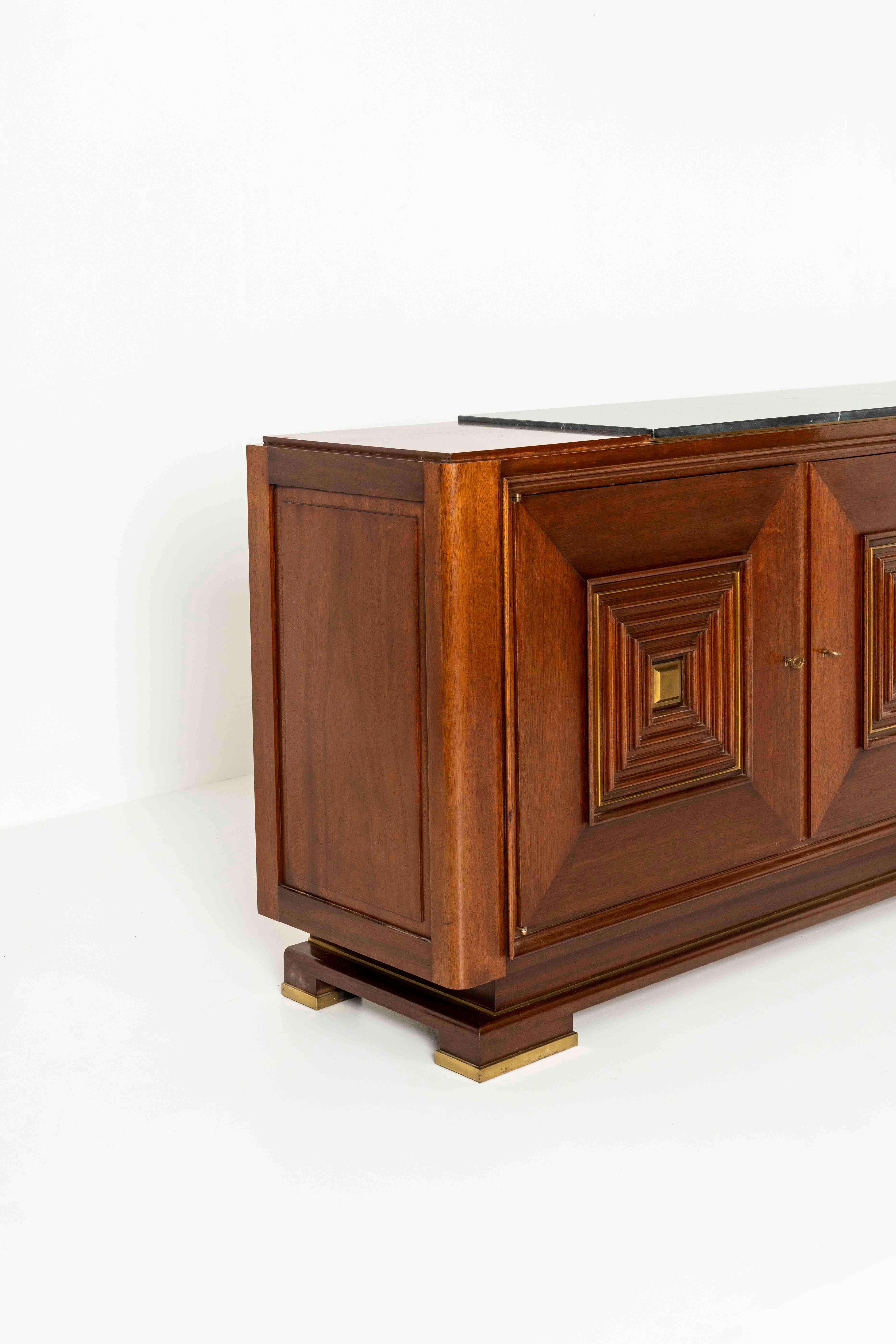 Art Deco Sideboard in Mahogany, Brass and Marble in Style of Maxime Old, 1940s 3