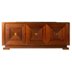 Art Deco Sideboard in Mahogany, Brass and Marble in Style of Maxime Old, 1940s