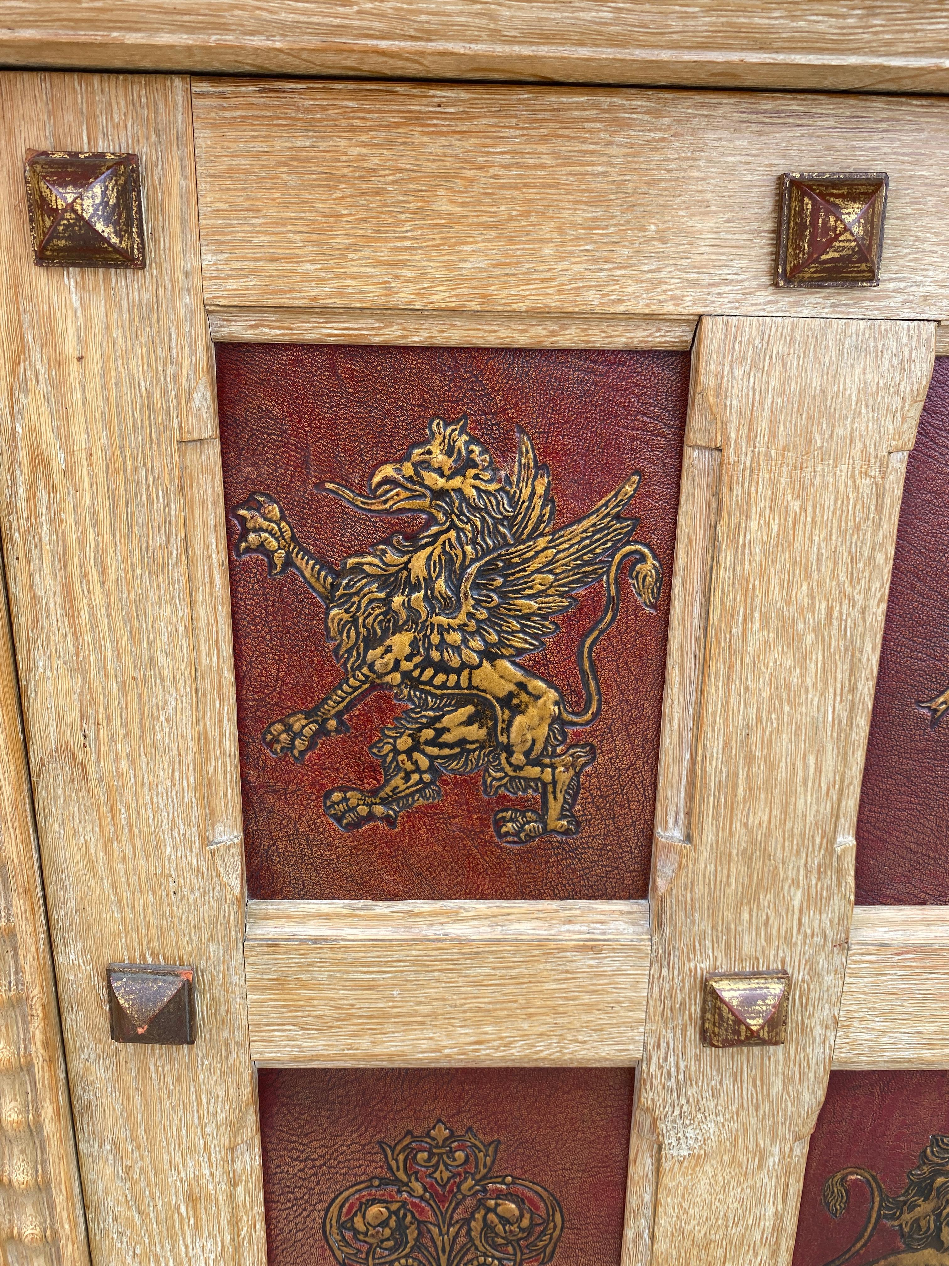 Art Deco Sideboard in Oak and Embossed and Gilded Leather, circa 1940-1950 For Sale 7