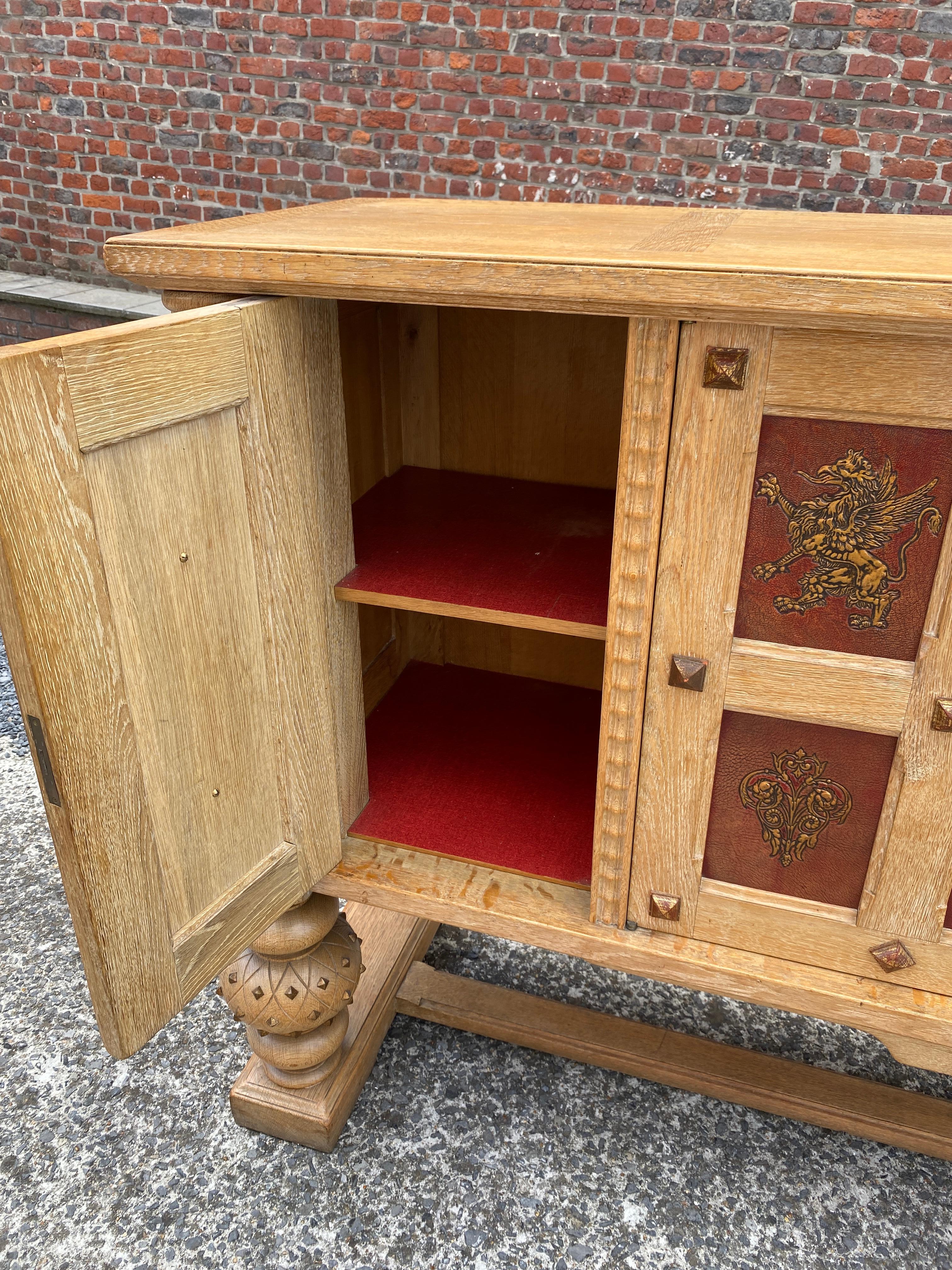 Art Deco Sideboard in Oak and Embossed and Gilded Leather, circa 1940-1950 For Sale 10