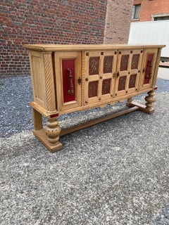 Art Deco Sideboard in Oak and Embossed and Gilded Leather, circa 1940-1950