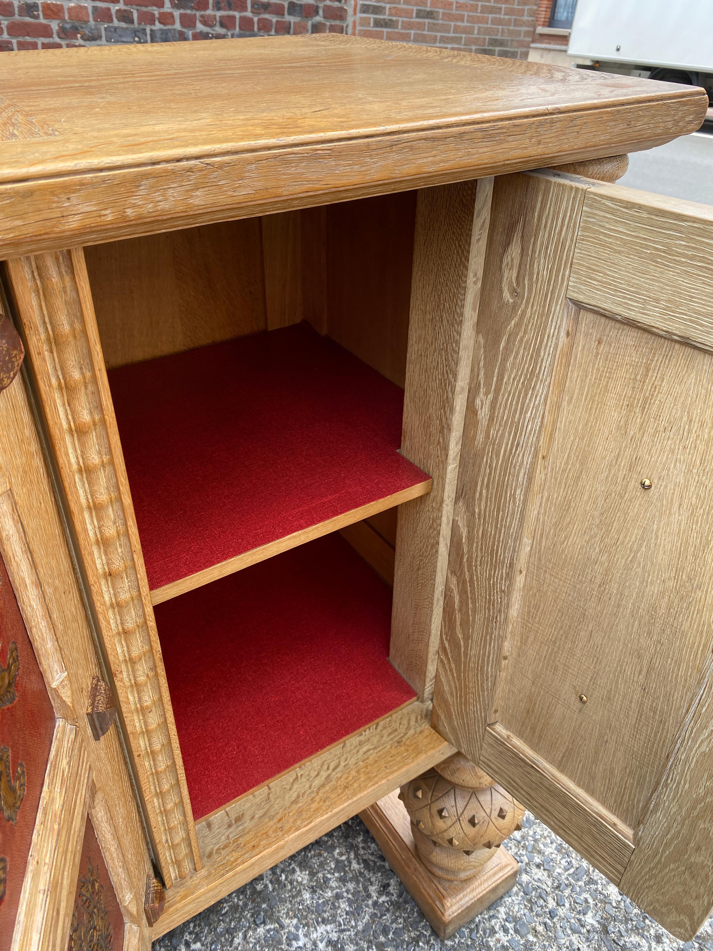 Art Deco Sideboard in Oak and Embossed and Gilded Leather, circa 1940-1950 For Sale 13