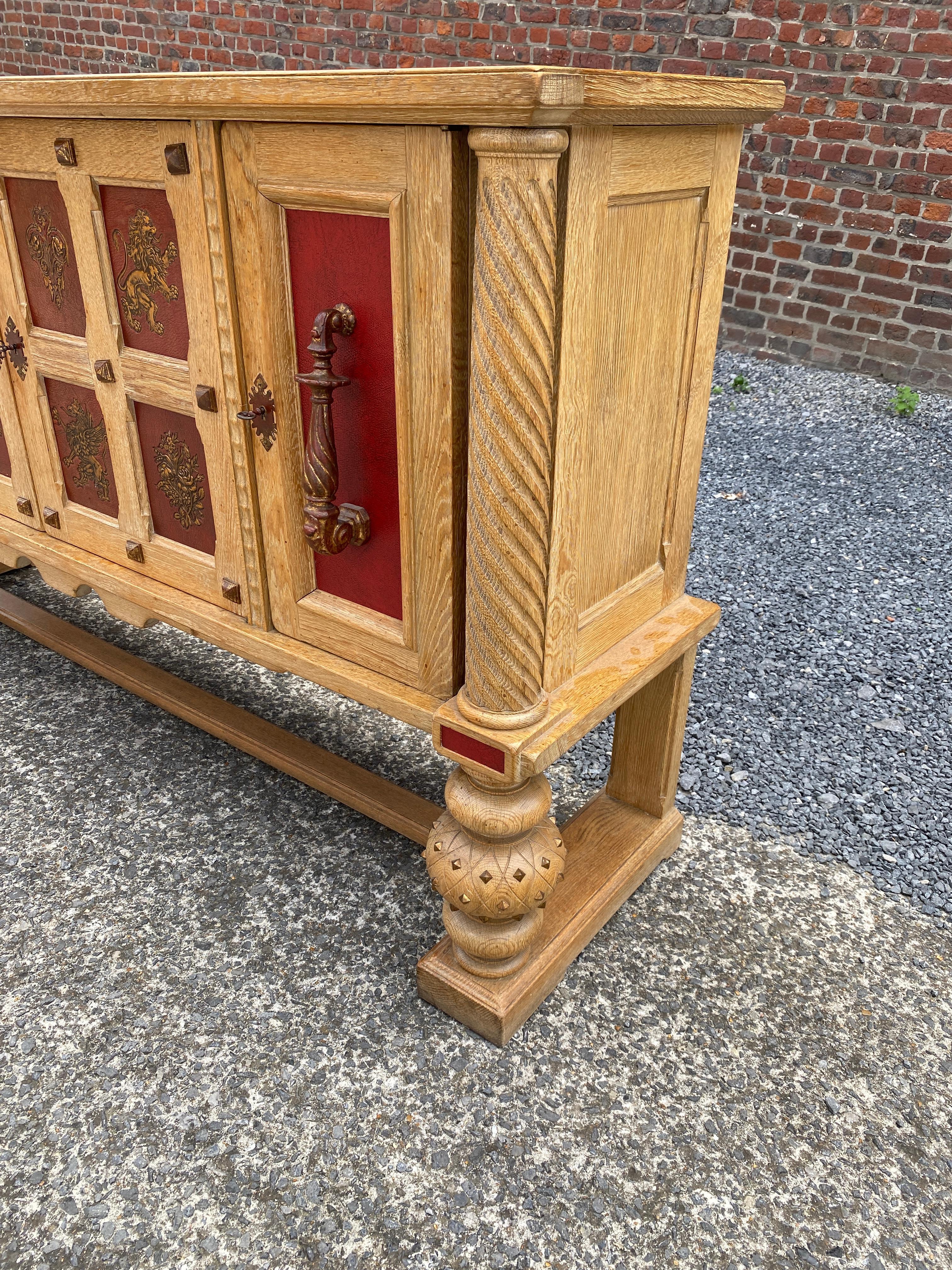 French Art Deco Sideboard in Oak and Embossed and Gilded Leather, circa 1940-1950 For Sale