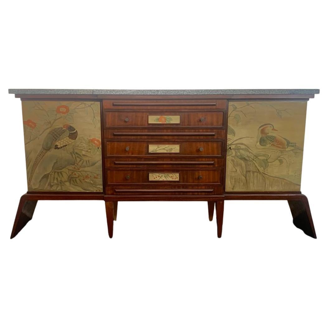 Art Decò Sideboard in Solid Lacquered & Painted Mahogany For Sale