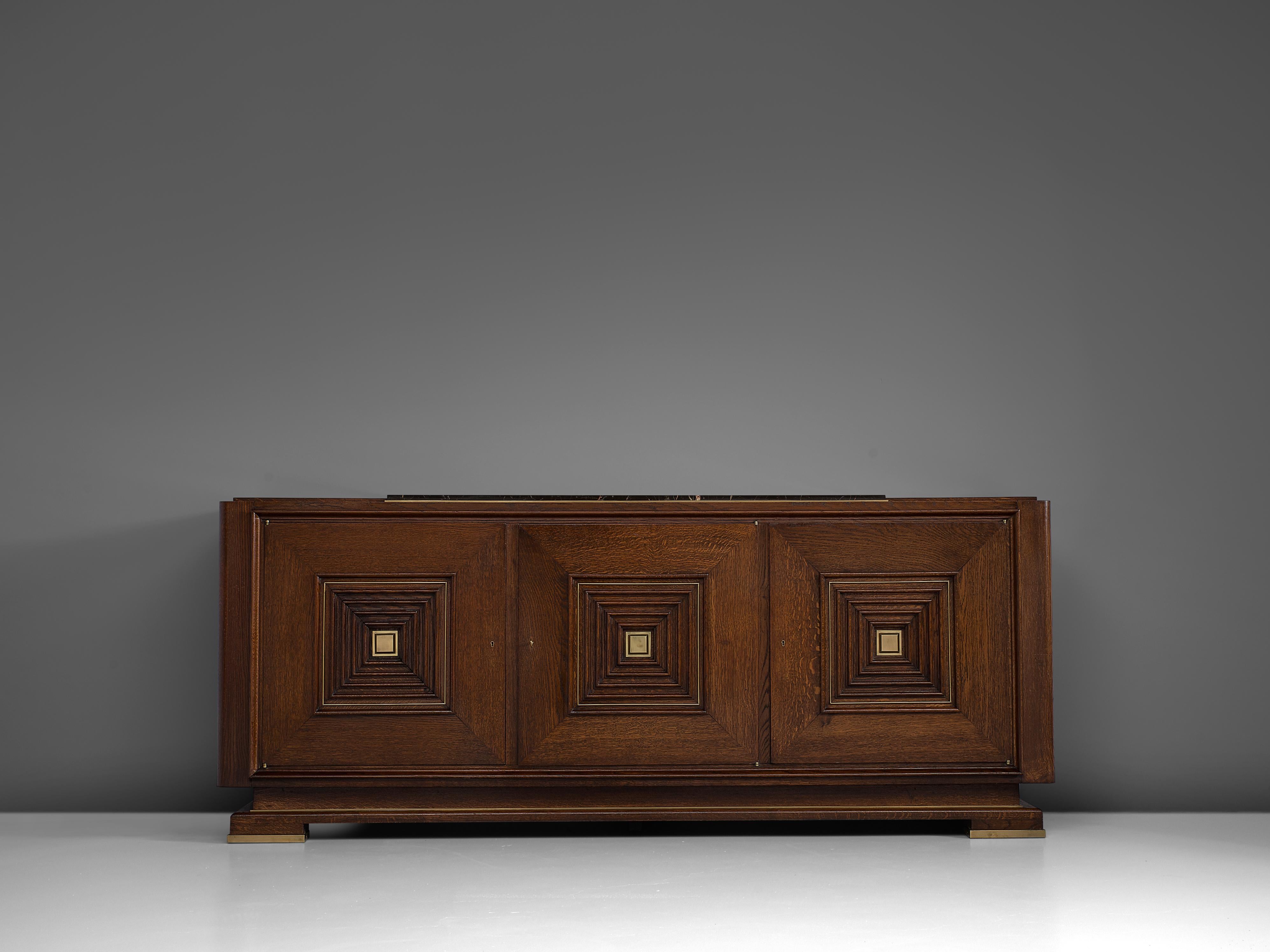 Brass Art Deco Sideboard in Stained Oak with Marble Top