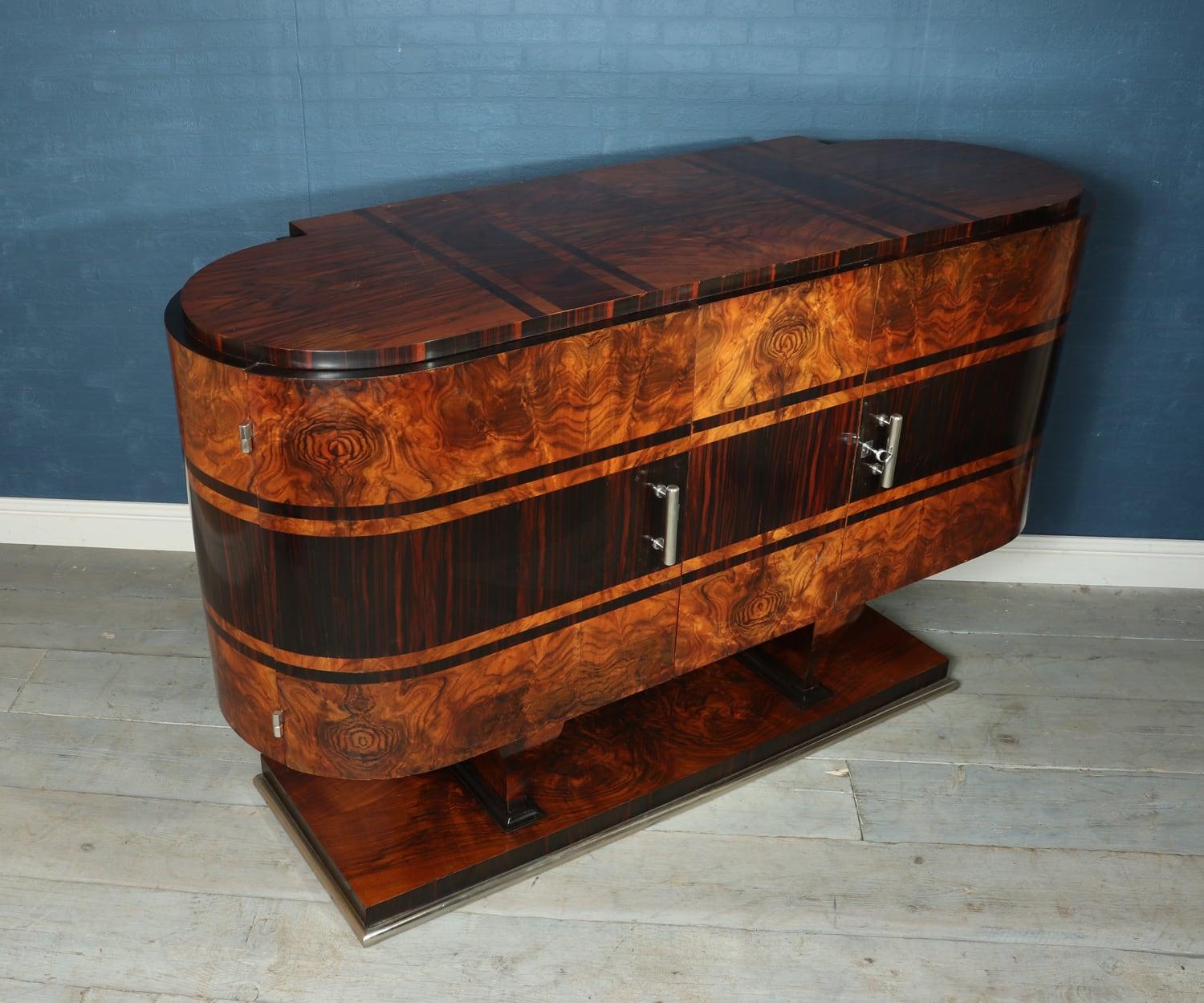 Brass Art Deco Sideboard in Walnut and Macassar, circa 1930 For Sale