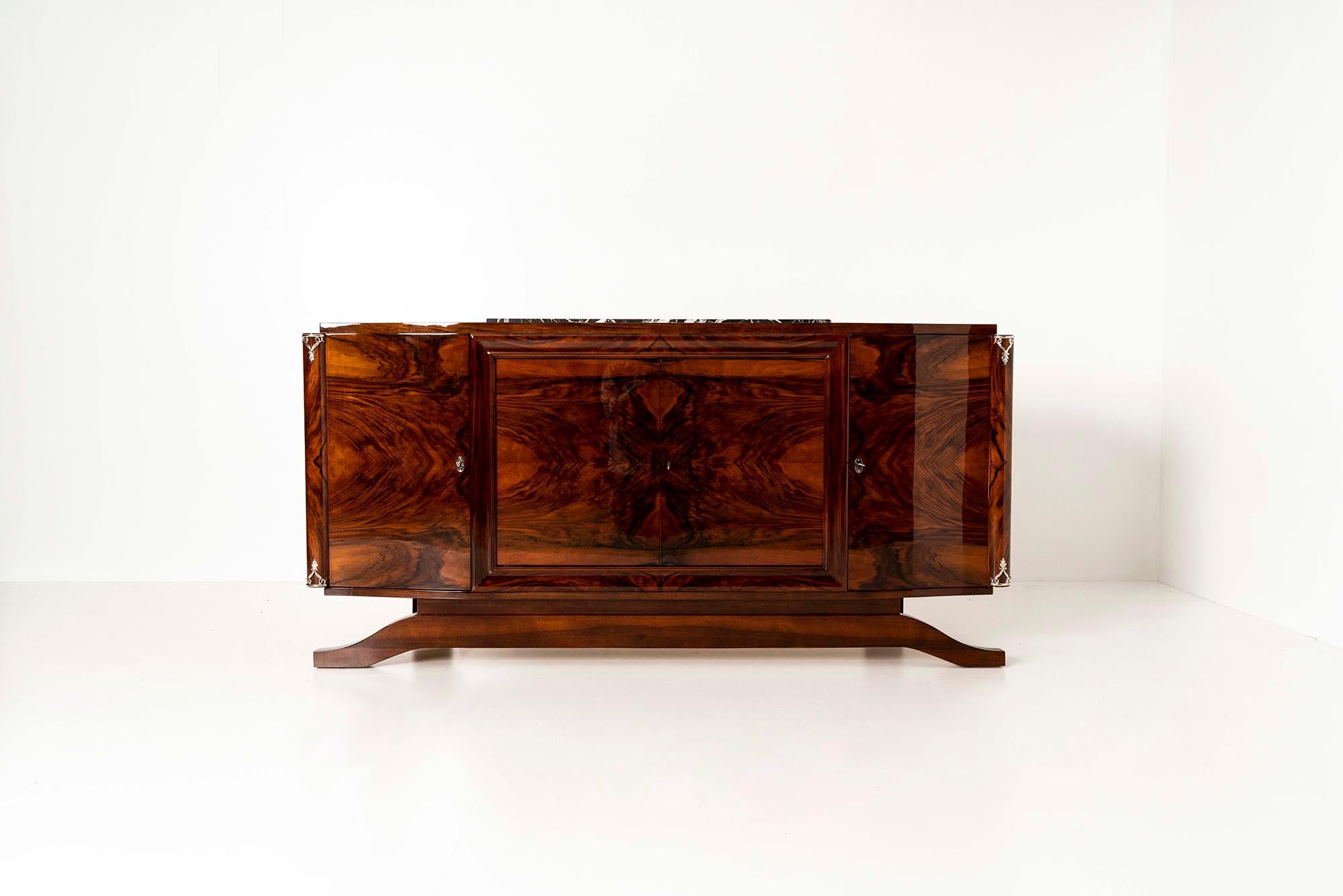 French Art Deco Sideboard in Walnut Burl and Marble, France 1930s For Sale