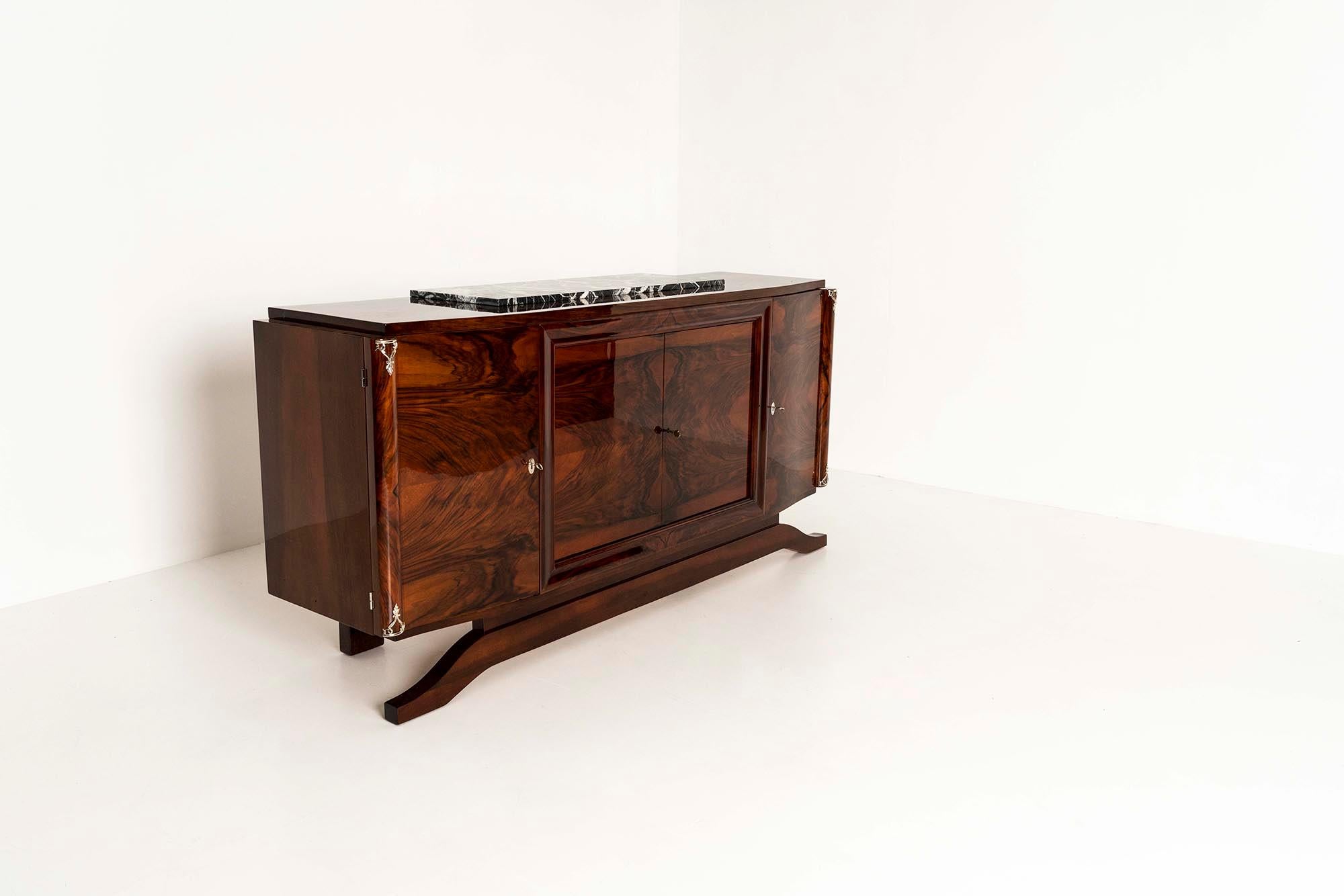 Lacquered Art Deco Sideboard in Walnut Burl and Marble, France 1930s For Sale