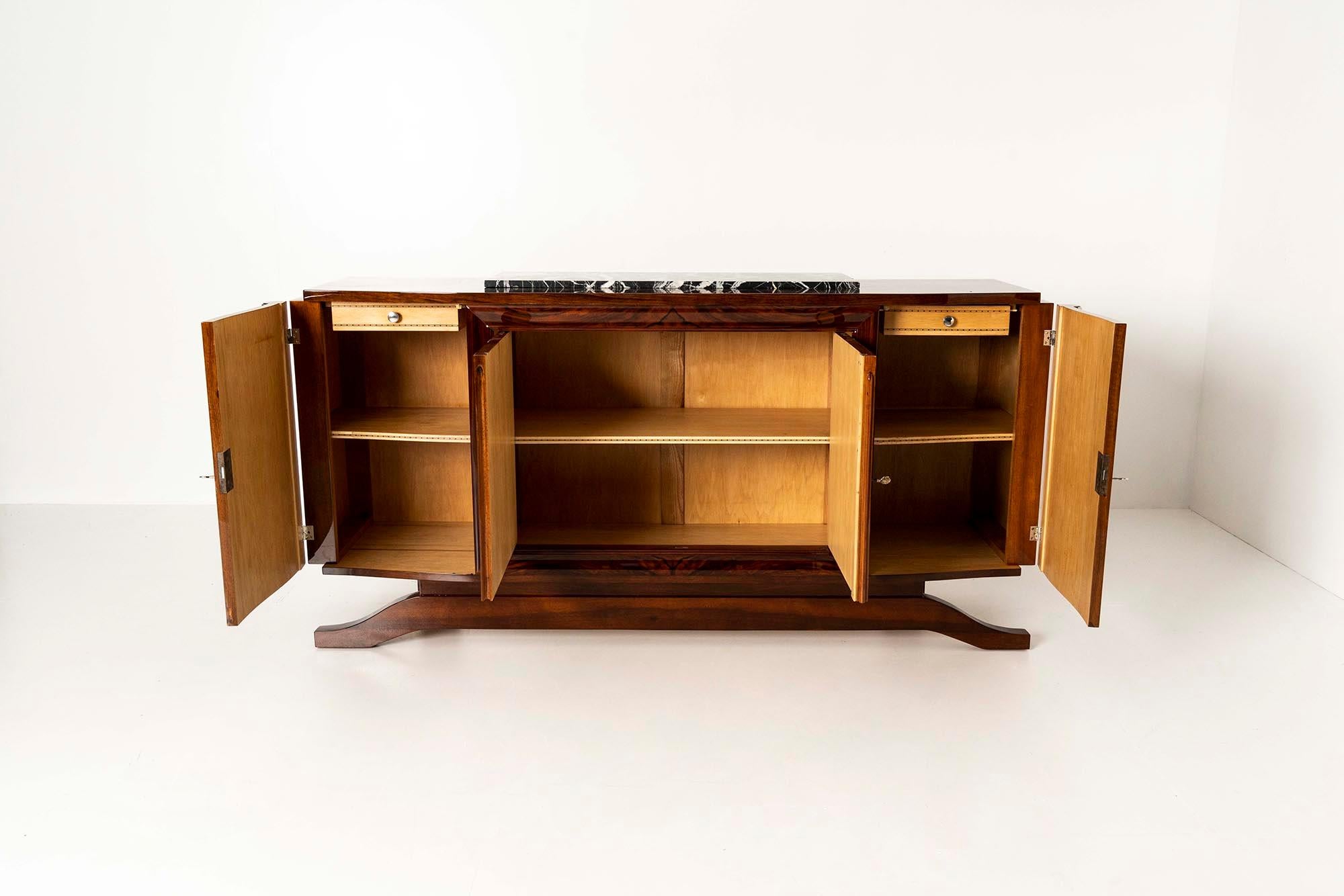 Art Deco Sideboard in Walnut Burl and Marble, France 1930s For Sale 2