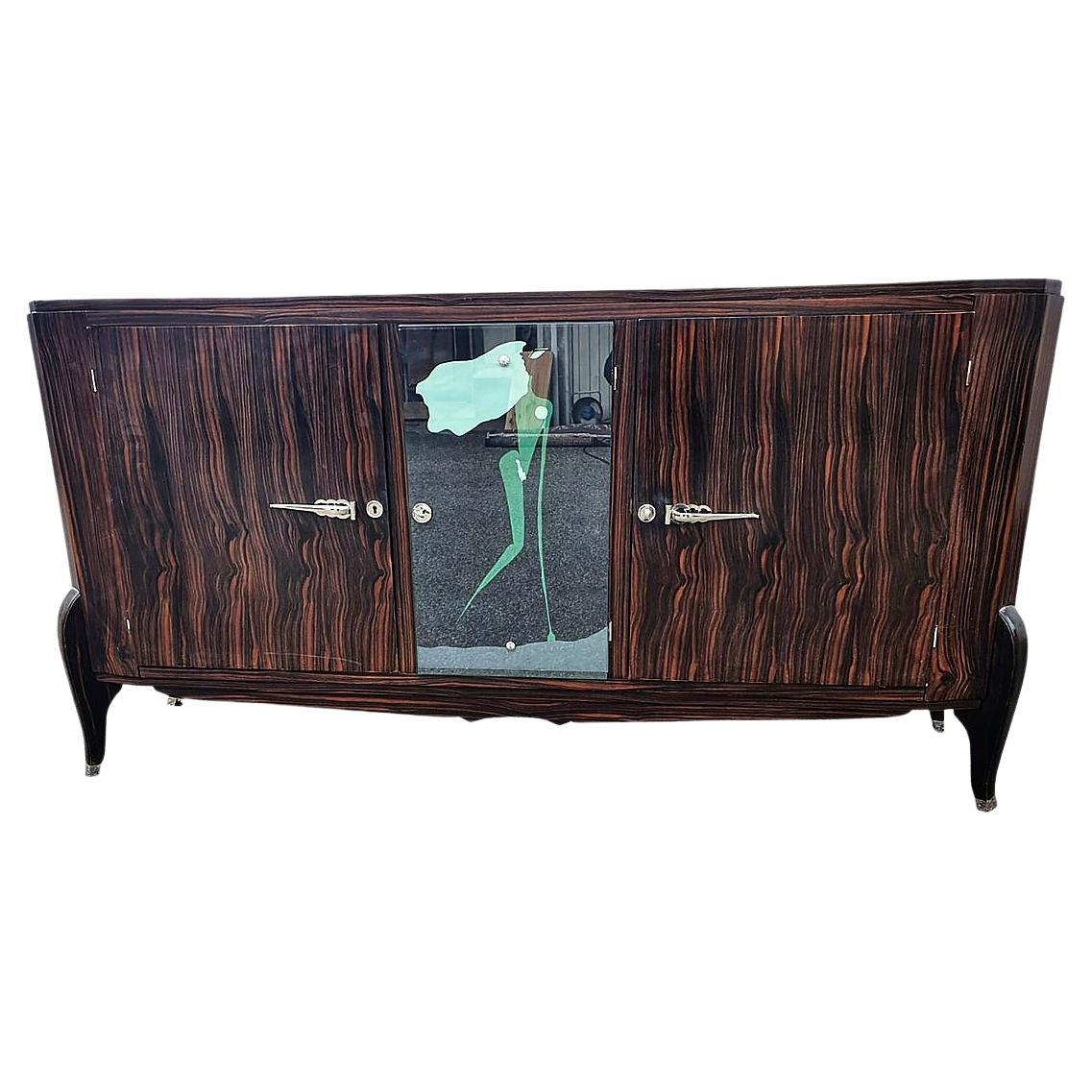 Art Deco Sideboard Makassar from France Around 1925 with Painted Mirror