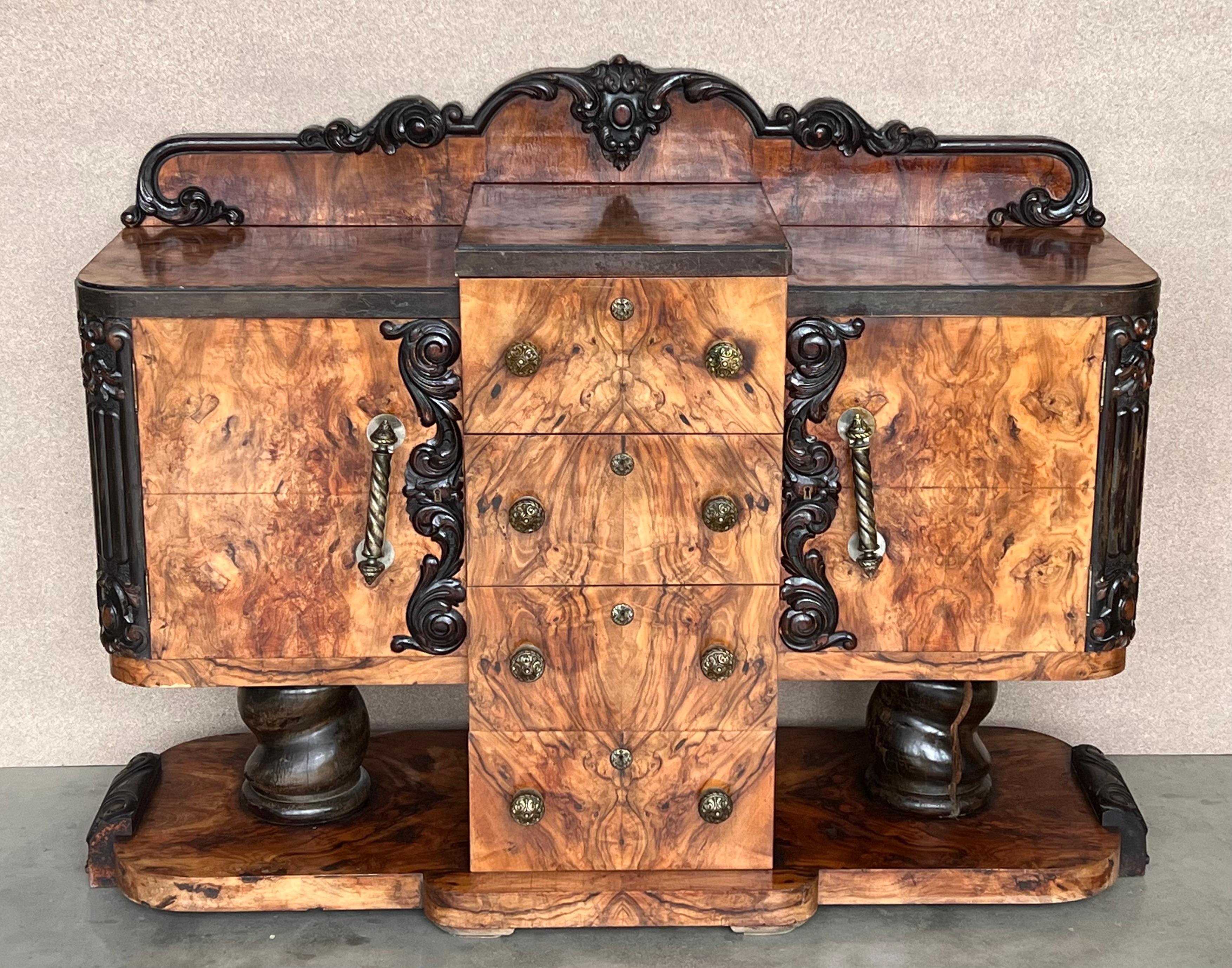Spanish Art Deco Sideboard or Buffet Burr & Ebonized Walnut Bookmatched, Spain For Sale