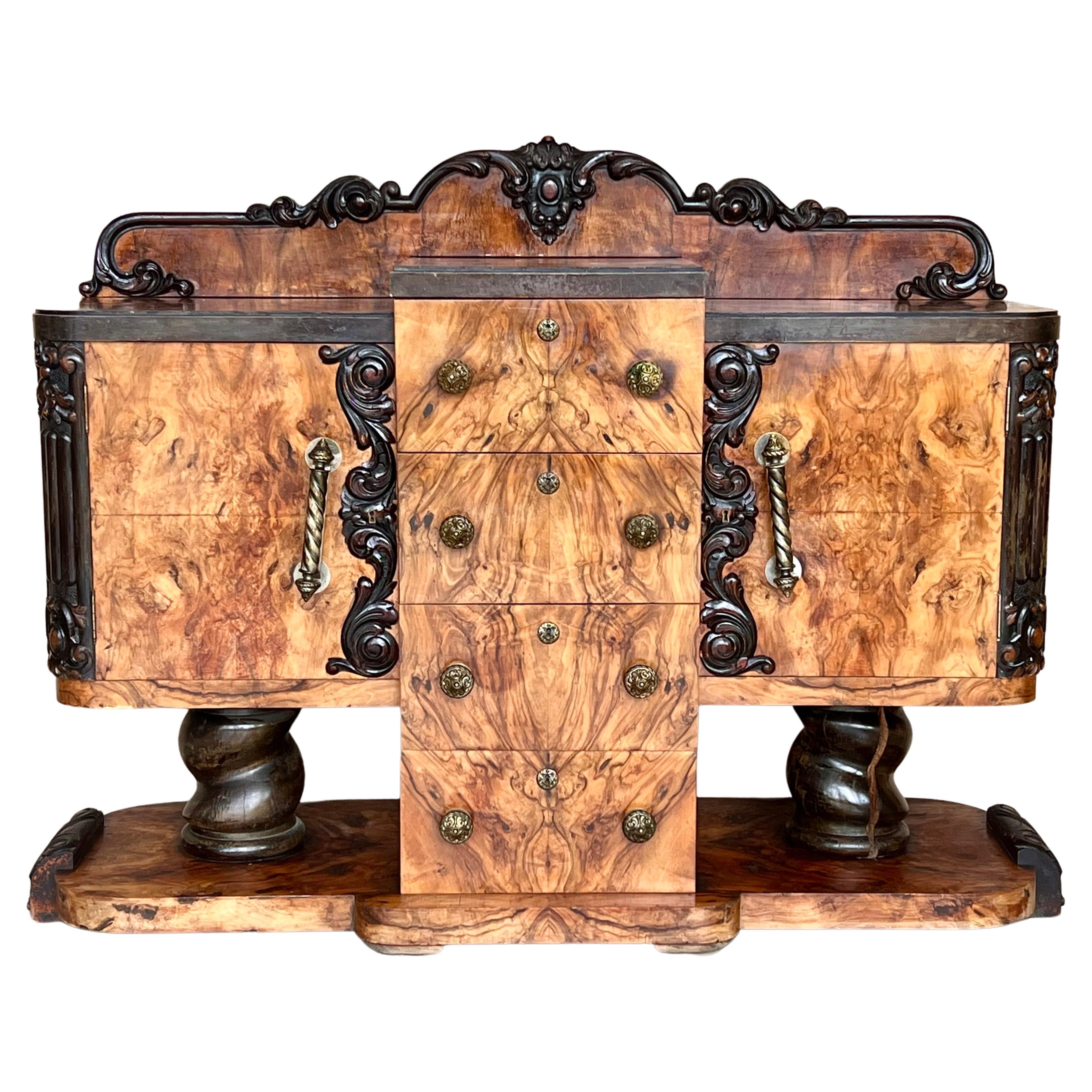 Art Deco Sideboard or Buffet Burr & Ebonized Walnut Bookmatched, Spain For Sale