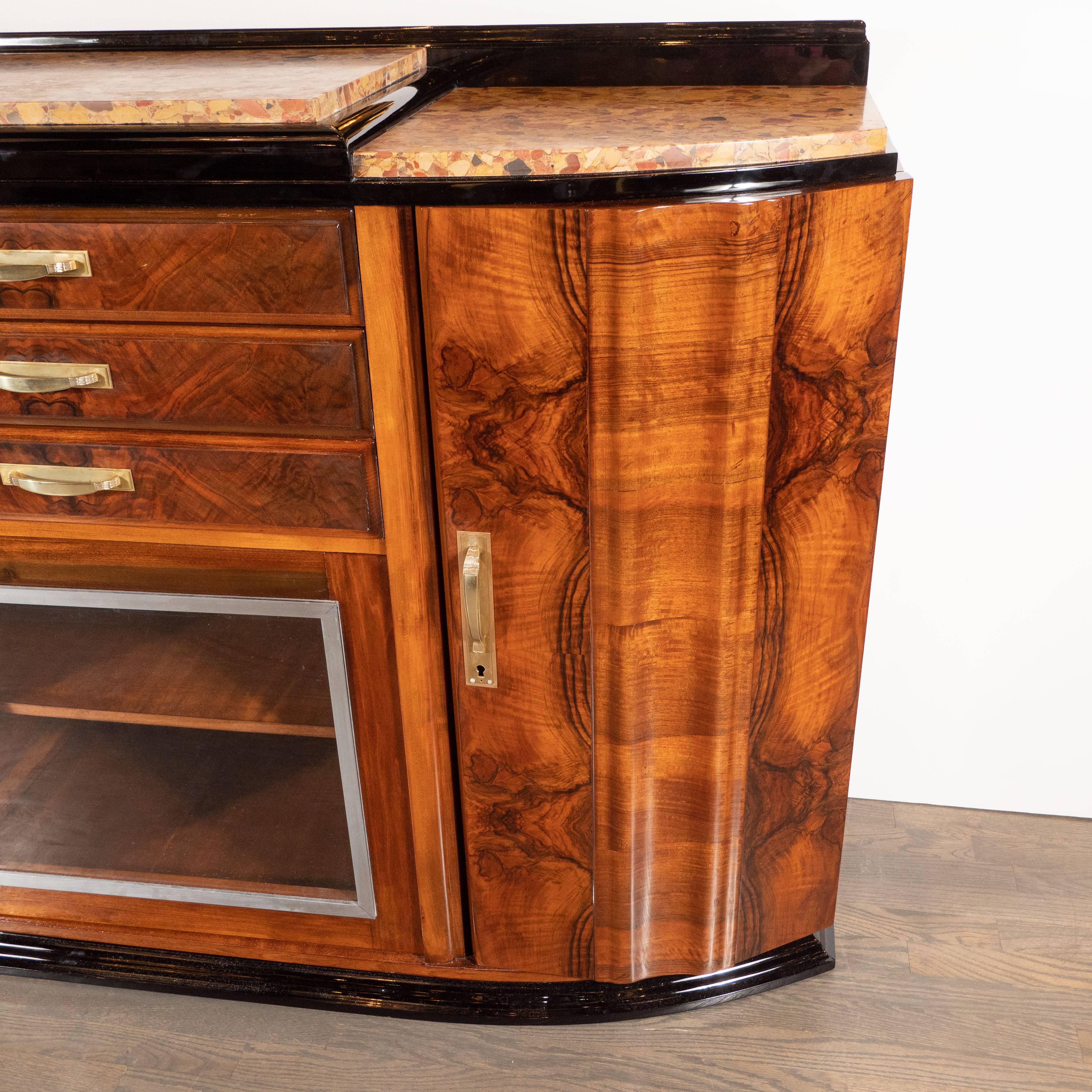 Art Deco Sideboard or Cabinet in Burled Walnut, Exotic Marble and Black Lacquer In Excellent Condition In New York, NY