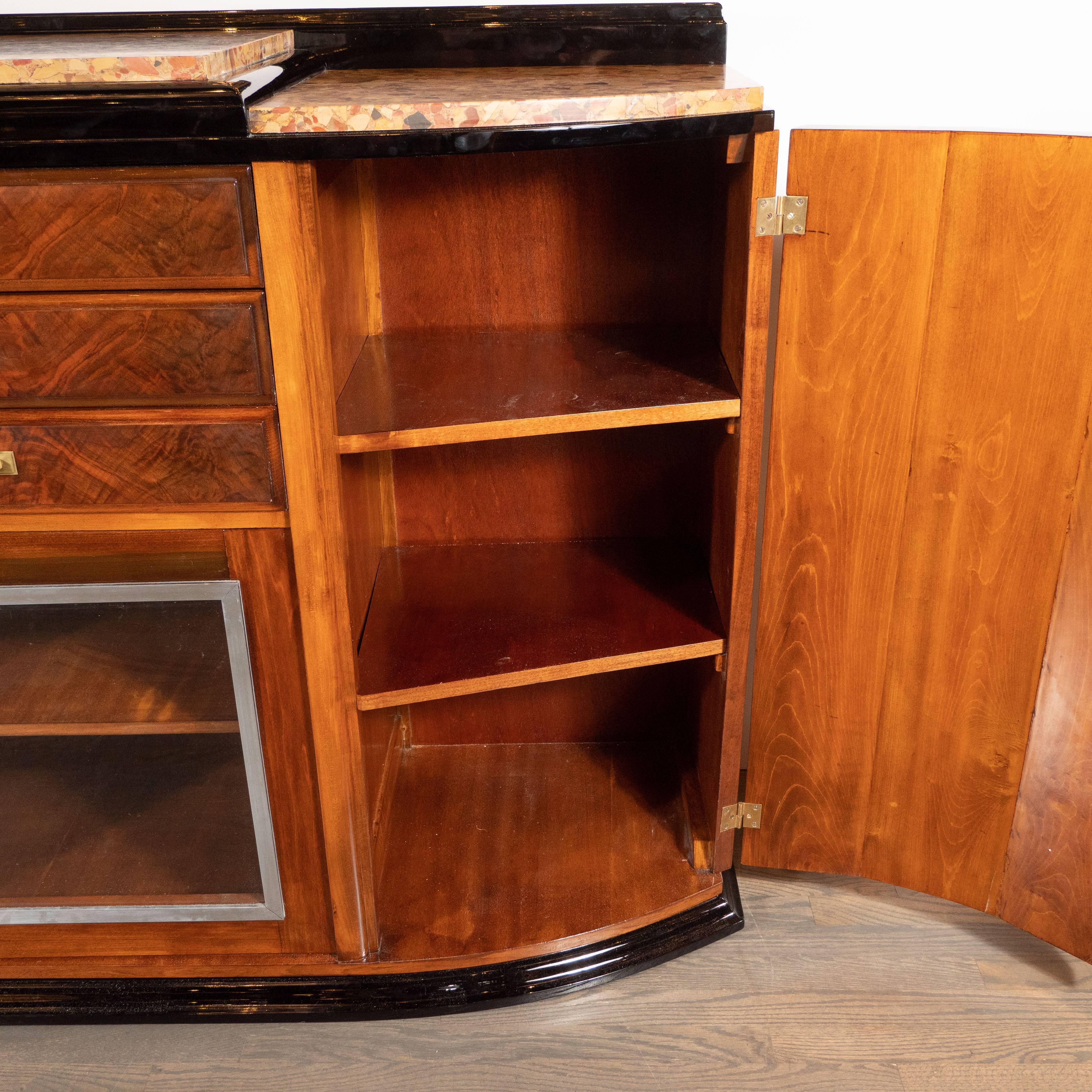 Mid-20th Century Art Deco Sideboard or Cabinet in Burled Walnut, Exotic Marble and Black Lacquer