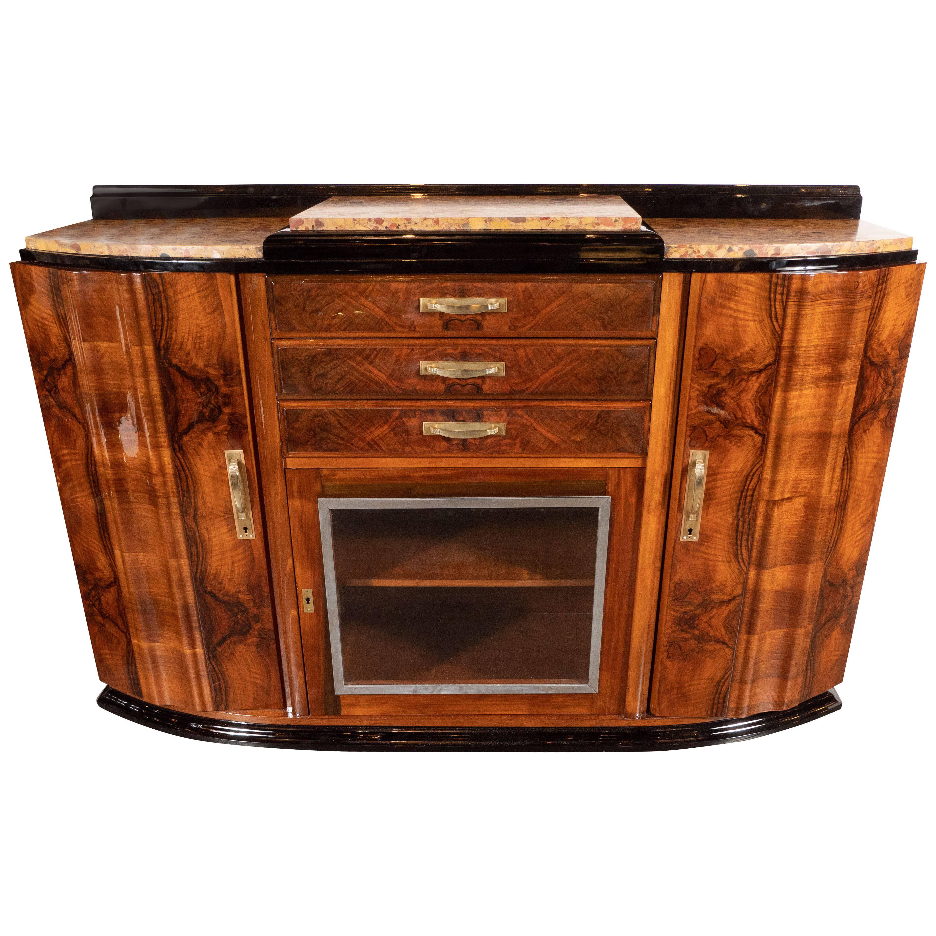 Art Deco Sideboard or Cabinet in Burled Walnut, Exotic Marble and Black Lacquer