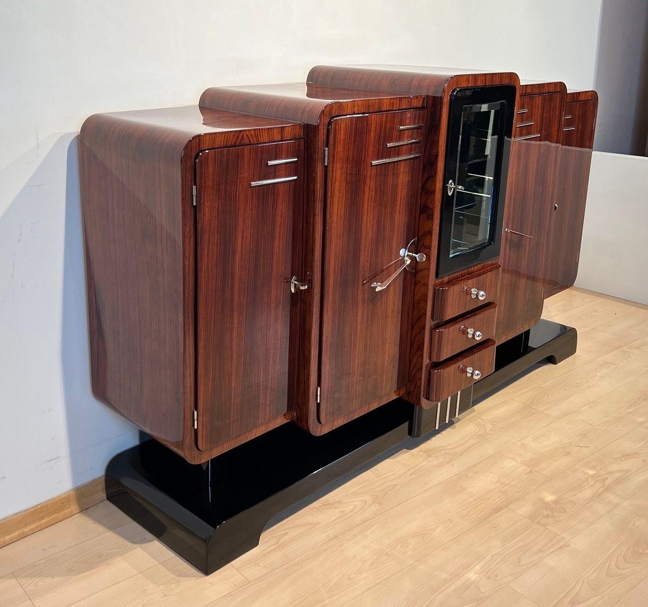 Blackened Art Deco Sideboard, Rosewood, Black Lacquer, Chrome, France circa 1925