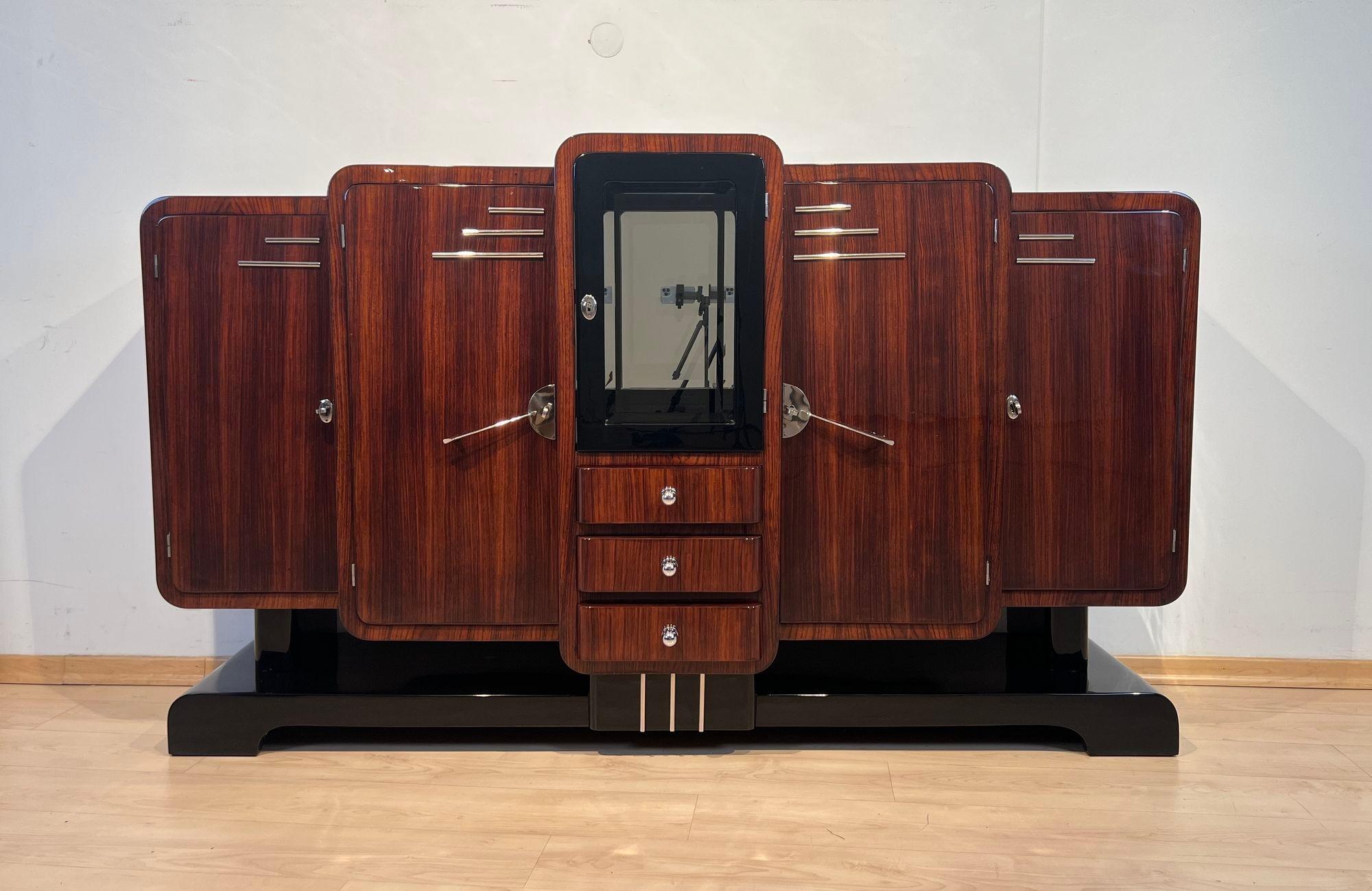 Early 20th Century Art Deco Sideboard, Rosewood, Black Lacquer, Chrome, France circa 1925