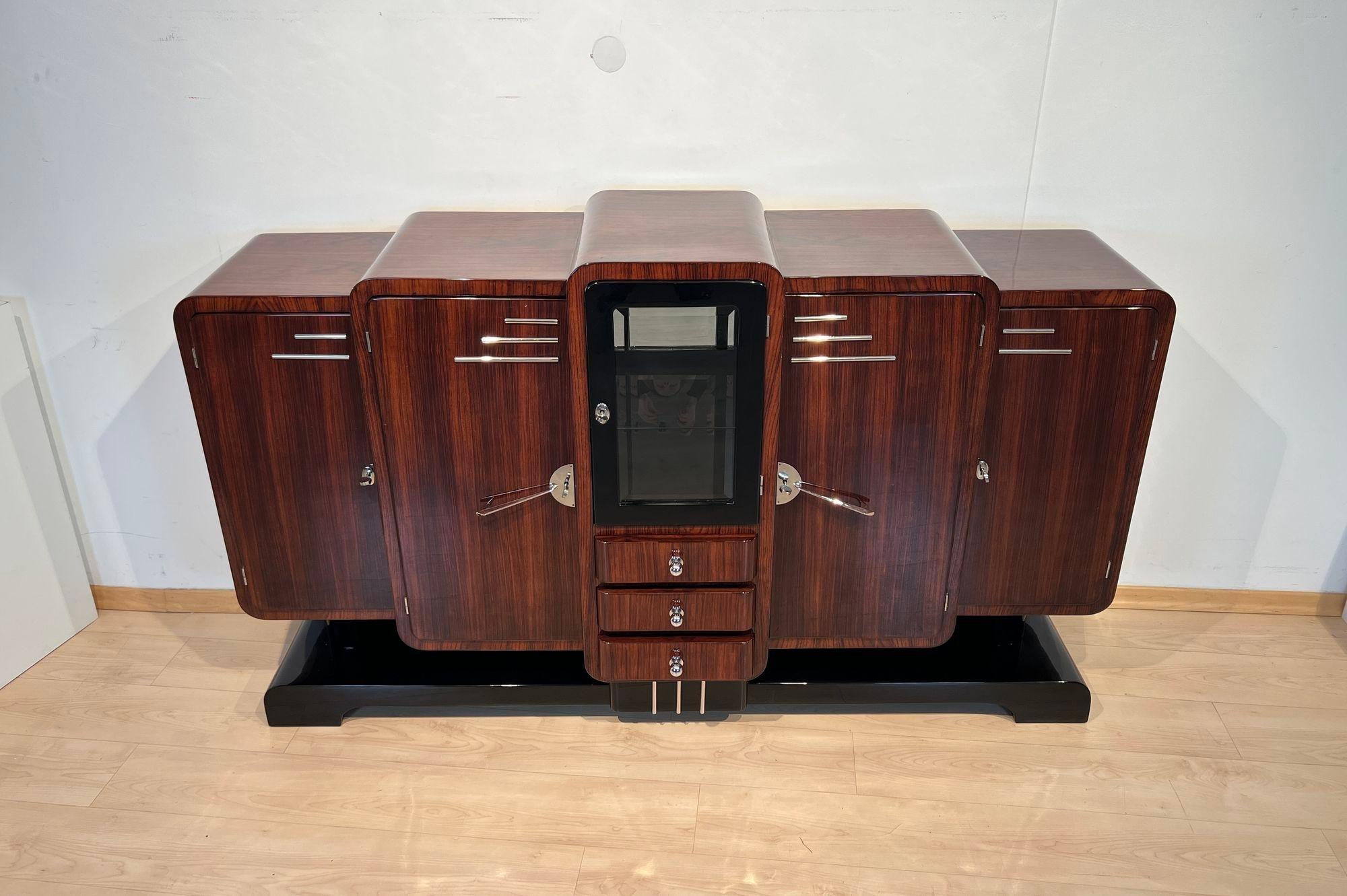 Glass Art Deco Sideboard, Rosewood, Black Lacquer, Chrome, France circa 1925