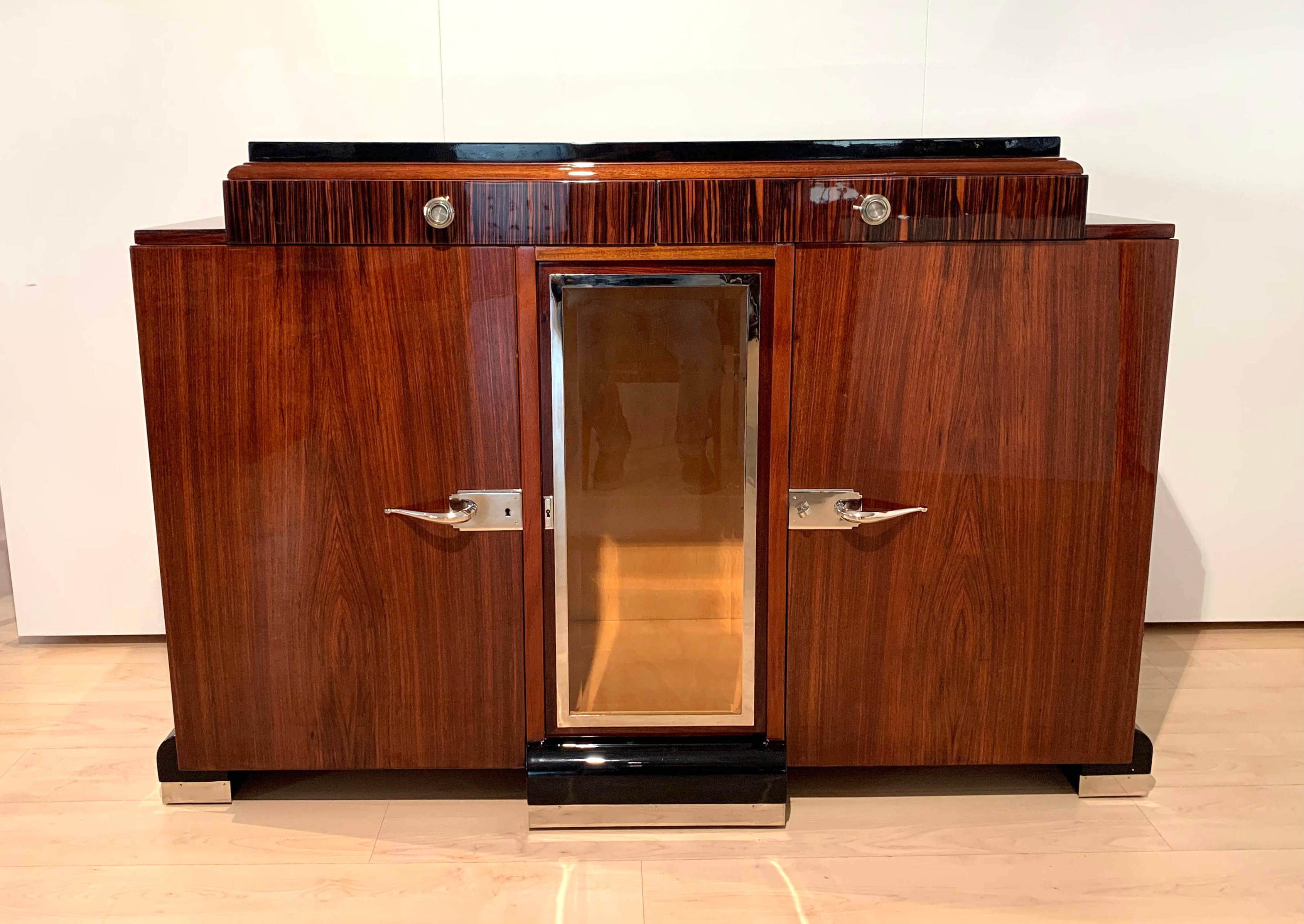 French Art Deco Sideboard, Rosewood, Macassar, Nickel, Glass, France, circa 1930