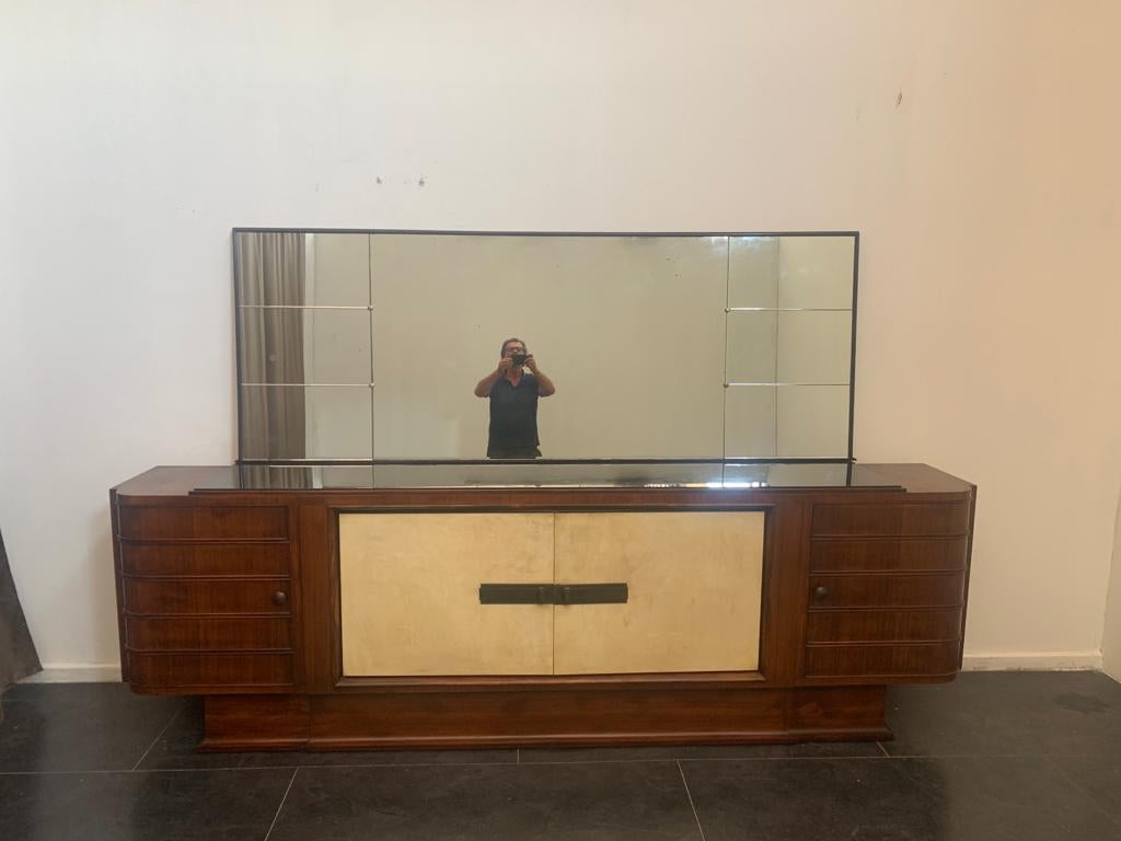 Sideboard - 300x51xh95 cm., mirror - 240xh88cm. 
Packaging with bubble wrap and cardboard boxes is included. If the wooden packaging is needed (crates or boxes) for US and International Shipping, it's required a separate cost (will be quoted