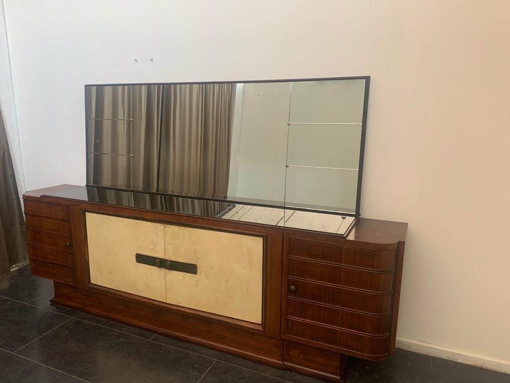 Italian Art Deco Sideboard Set in Rosewood and Parchment with Mirror, Set of 2 For Sale