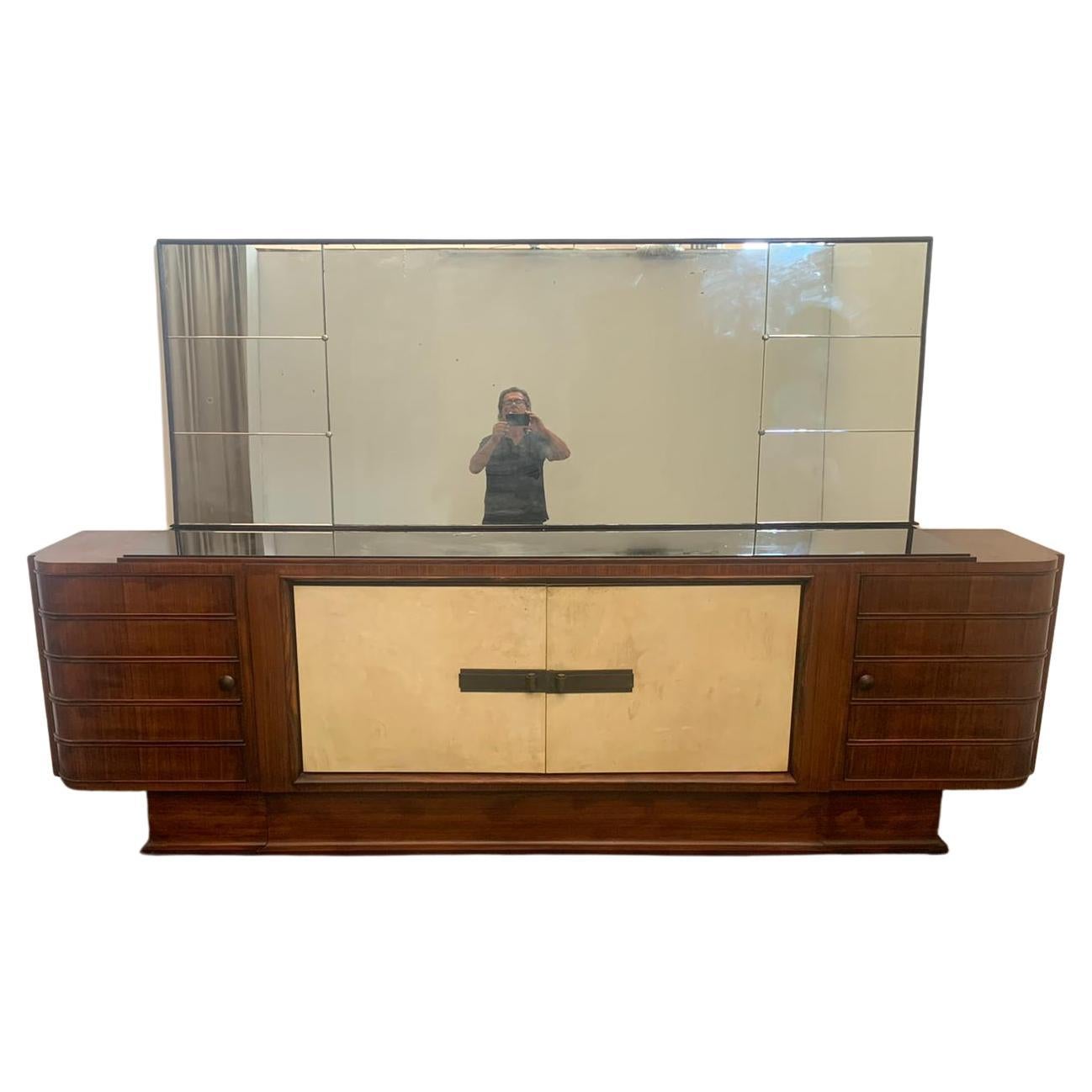 Art Deco Sideboard Set in Rosewood and Parchment with Mirror, Set of 2 For Sale