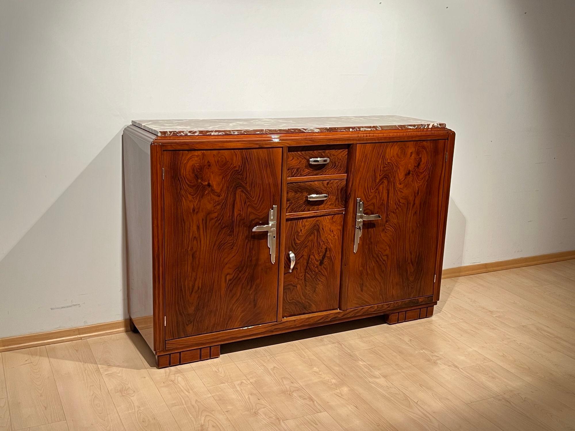 French Art Deco Sideboard, Walnut, Lacquer, Nickel, France circa 1930 For Sale