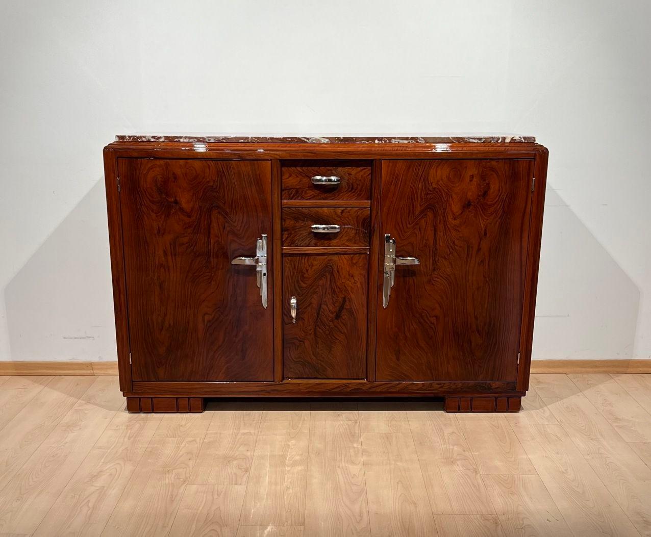 Lacquered Art Deco Sideboard, Walnut, Lacquer, Nickel, France circa 1930 For Sale