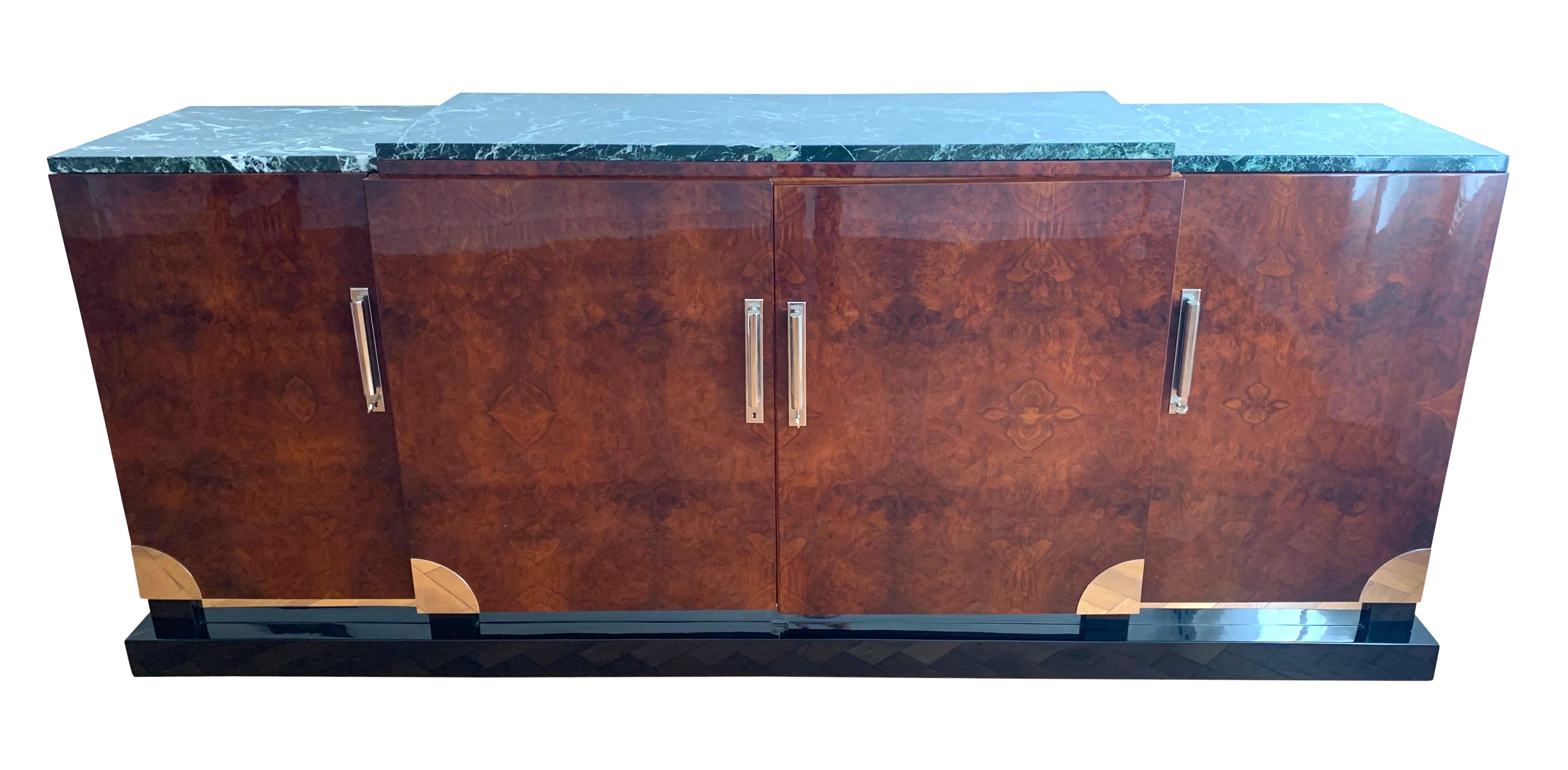 French Art Deco Sideboard, Walnut Roots, Green Marble, Southern France, circa 1930