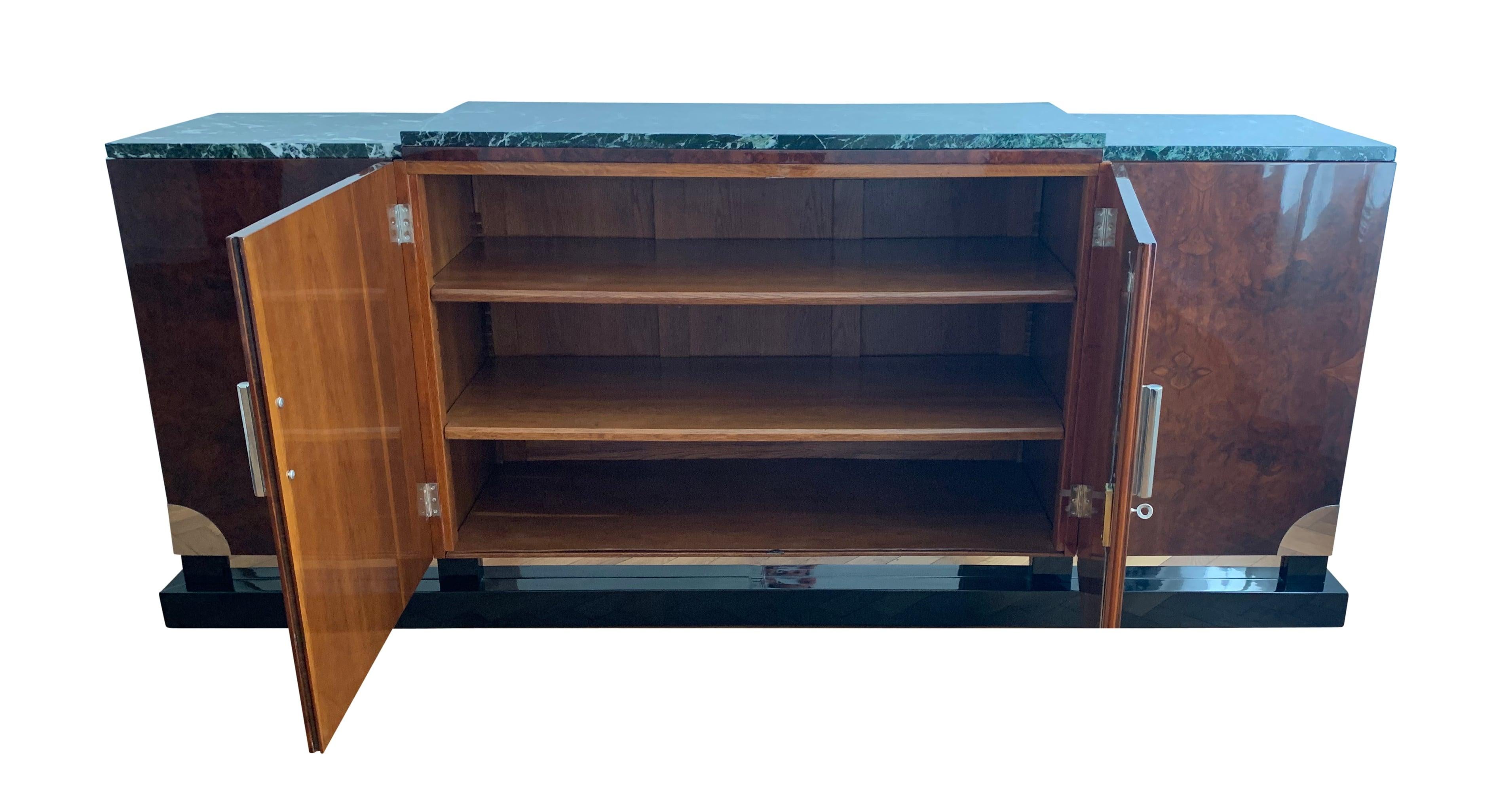 Galvanized Art Deco Sideboard, Walnut Roots, Green Marble, Southern France, circa 1930
