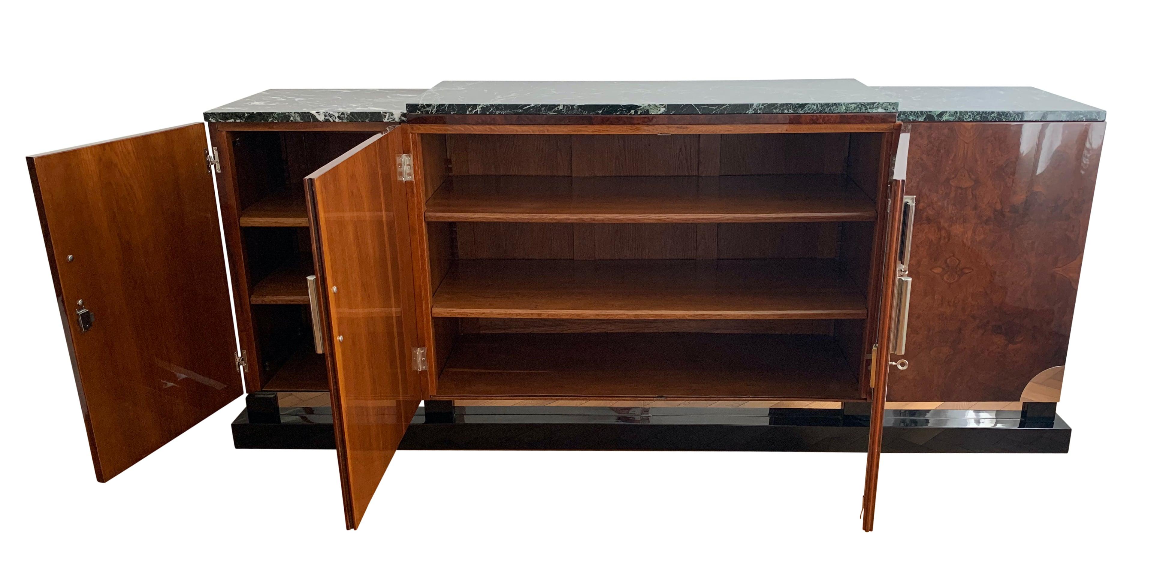 Mid-20th Century Art Deco Sideboard, Walnut Roots, Green Marble, Southern France, circa 1930